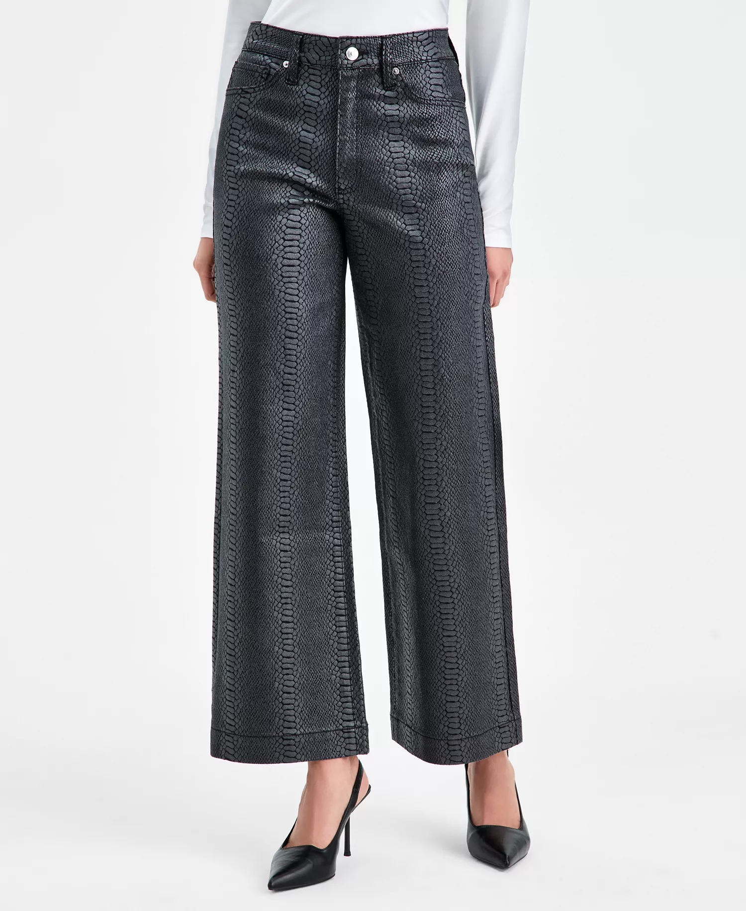 Women's Snakeskin-Print High Rise Wide Leg Jeans, Macy's Exclusive - Black Snk - 0