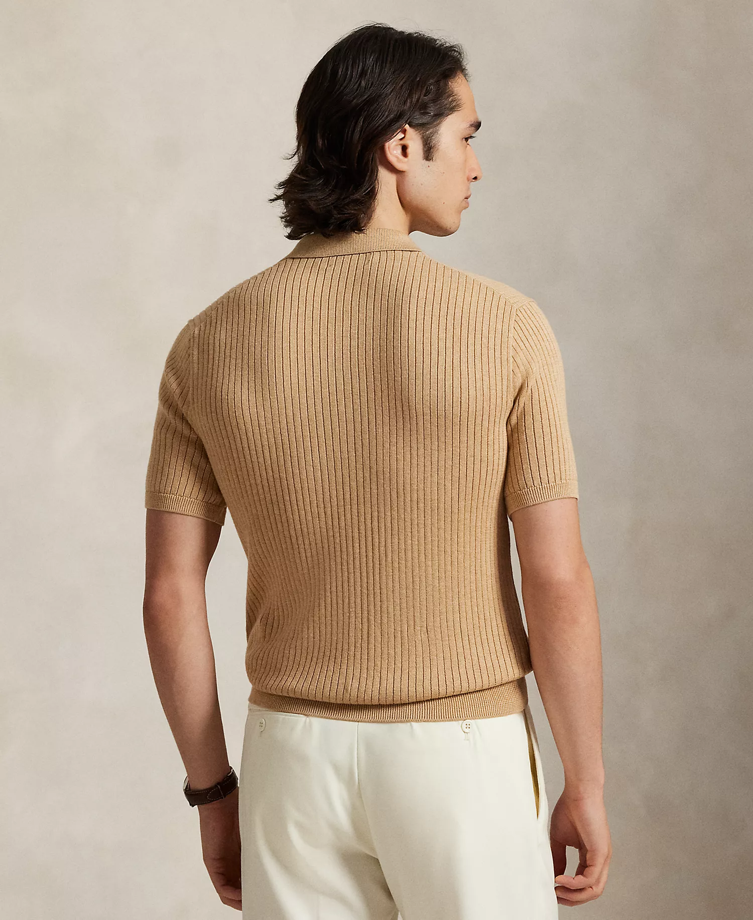 Men's Rib-Knit Cotton Johnny Collar Sweater - Camel Melange - 2XL