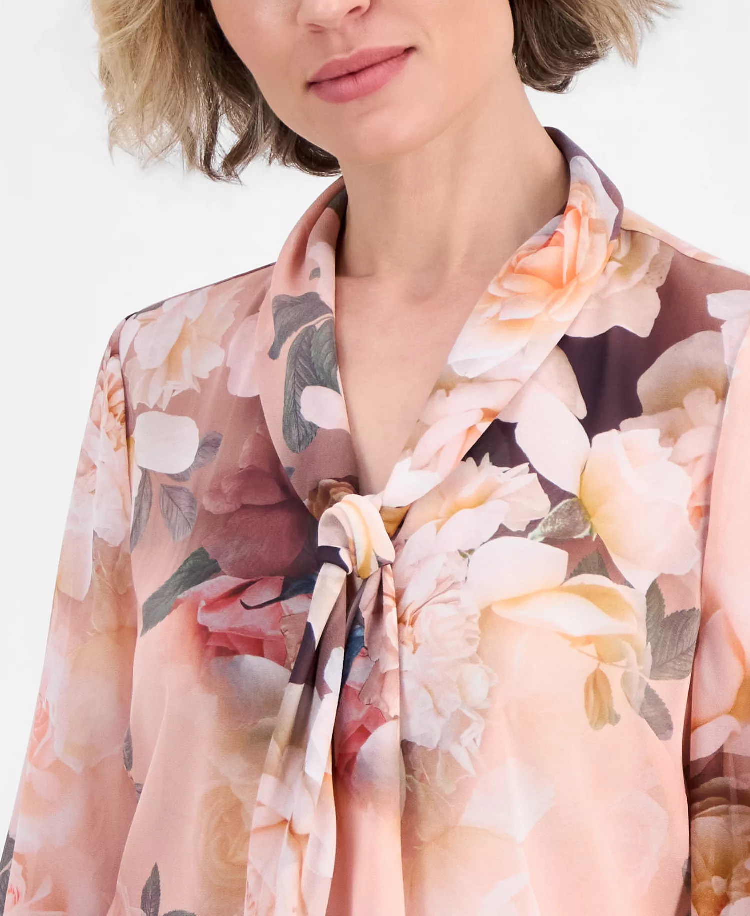 Women's Printed Chiffon Tie-Neck Blouse - Mocha Rose - L
