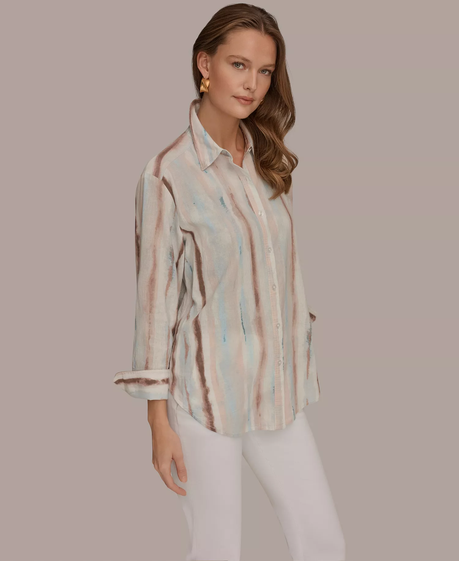 Women's Long-Sleeve Button-Down Shirt - Watercolor Stripe Print - L
