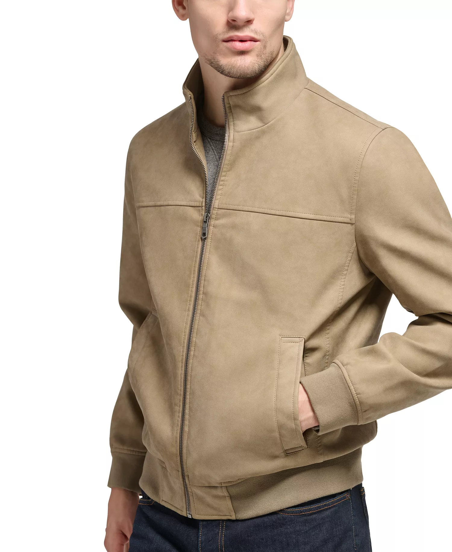 Men's Faux Leather Stand Collar Bomber - Sand - M