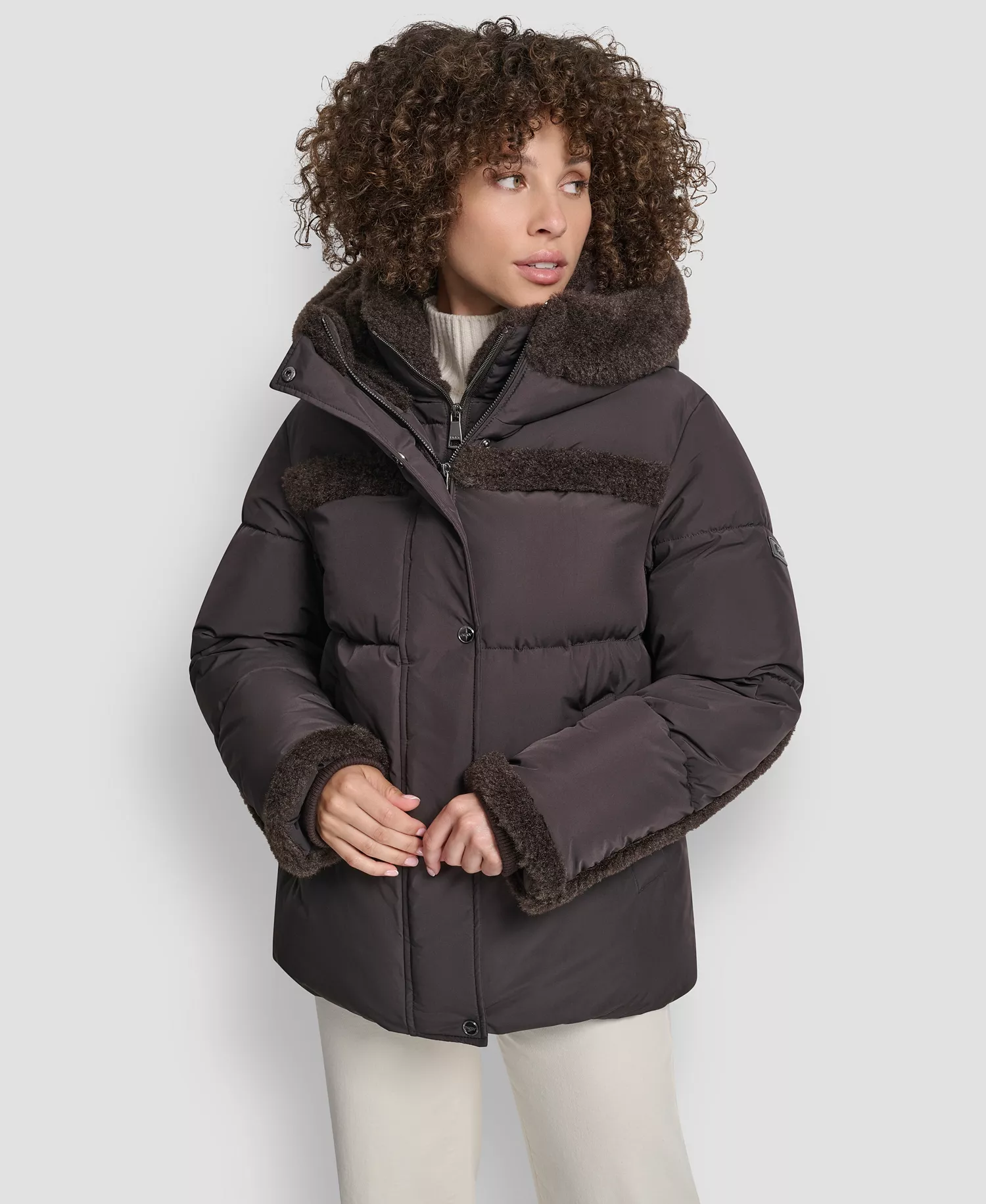 Women's Detailed Hooded Puffer Coat - Bitter - L