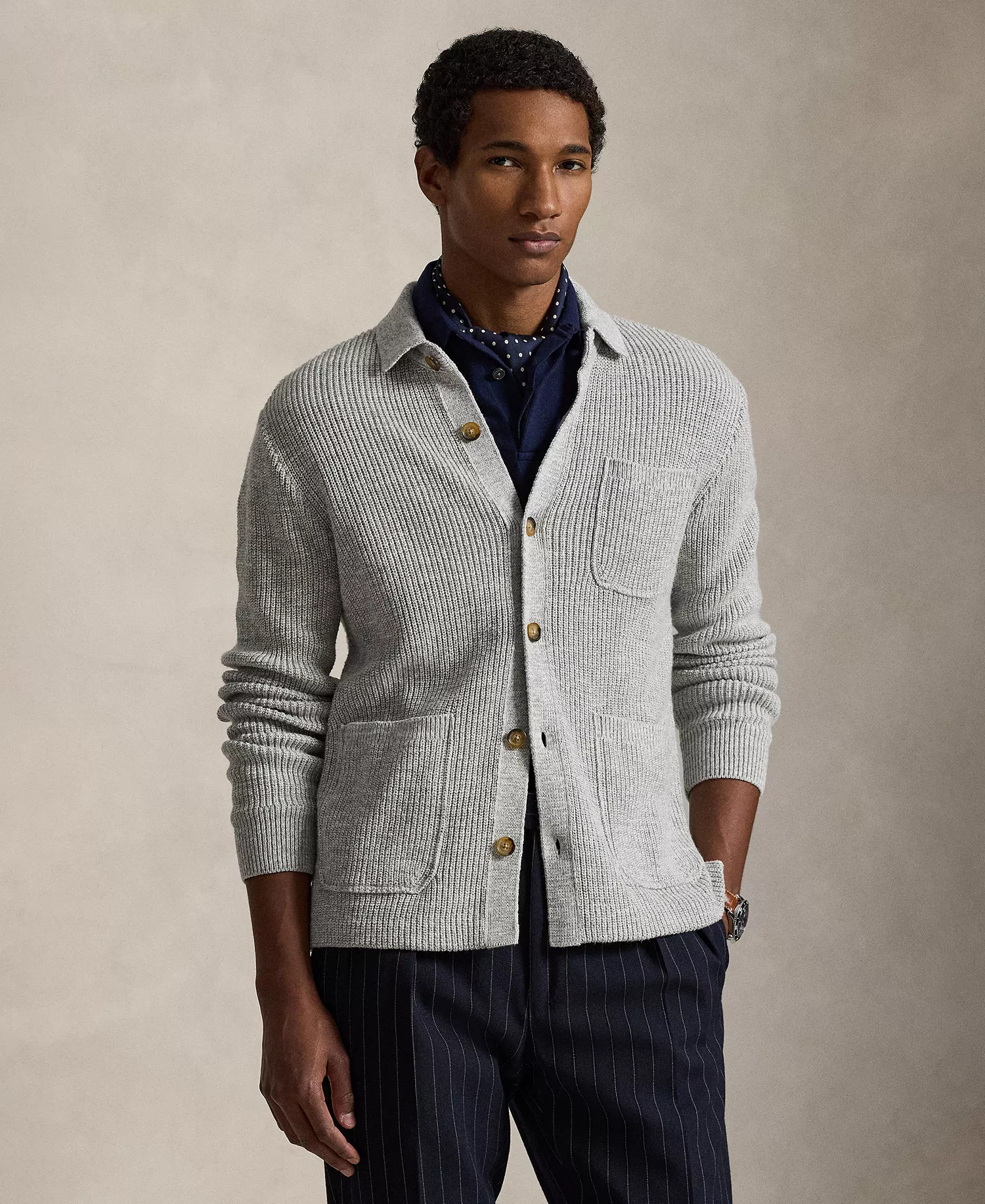 Men's Collared Button-Front Cardigan - Gray - 2XL