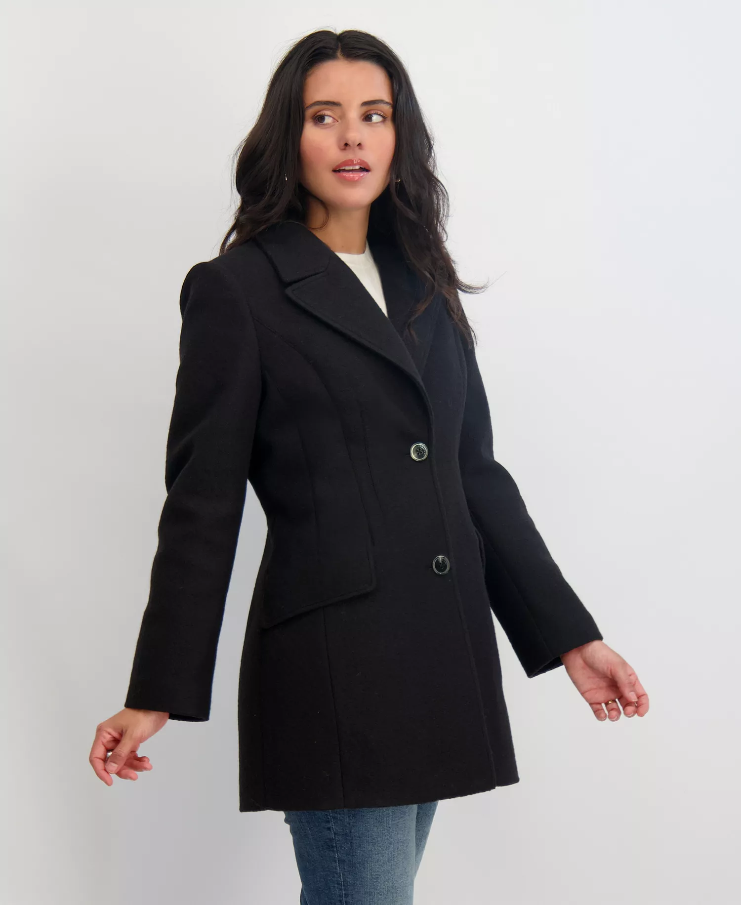 Women's Notched-Collar Single-Breasted Peacoat - Black - L