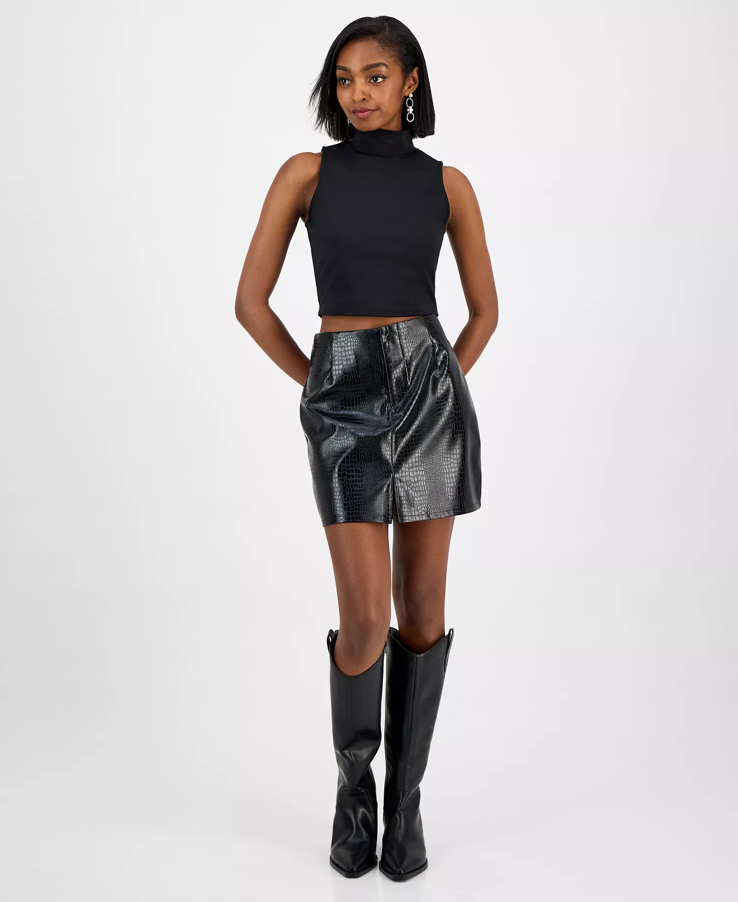 Women's Crocodile-Embossed Faux Leather Mini Skirt, Macy's Exclusive - Deep Black - 0