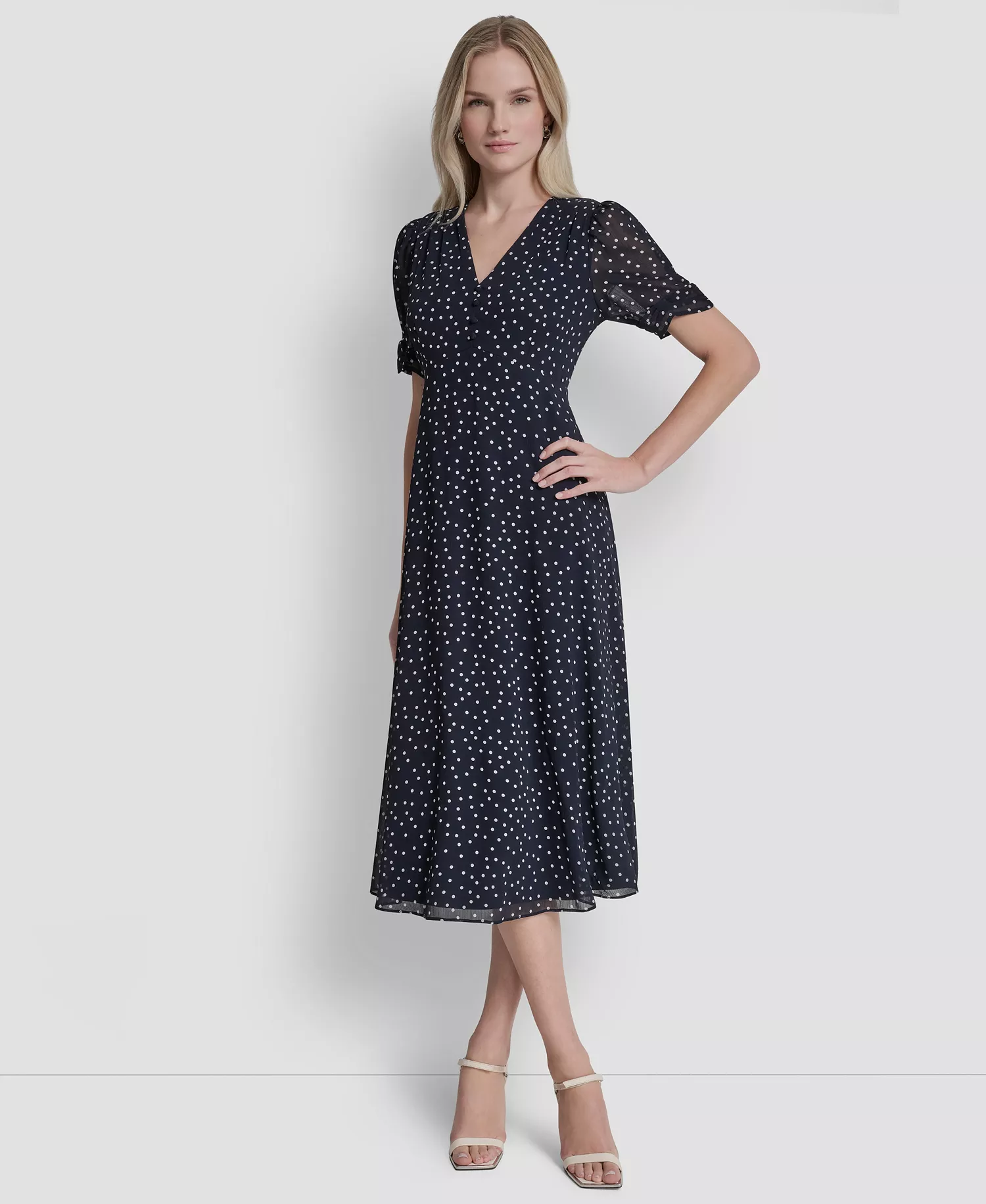 Women's Short-Sleeve V-Neck Midi Dress - Midnight/Cream - 10