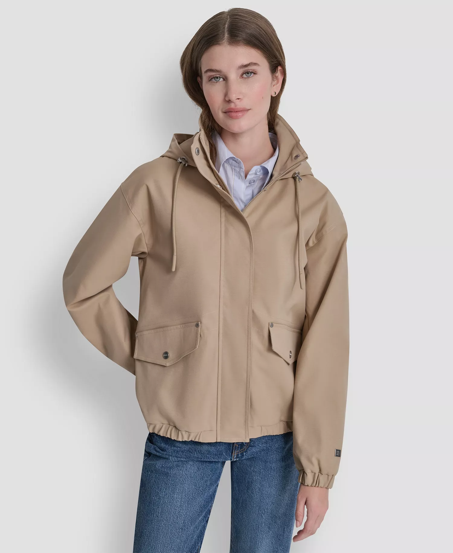 Women's Stand Collar Bomber Raincoat - Khaki - L
