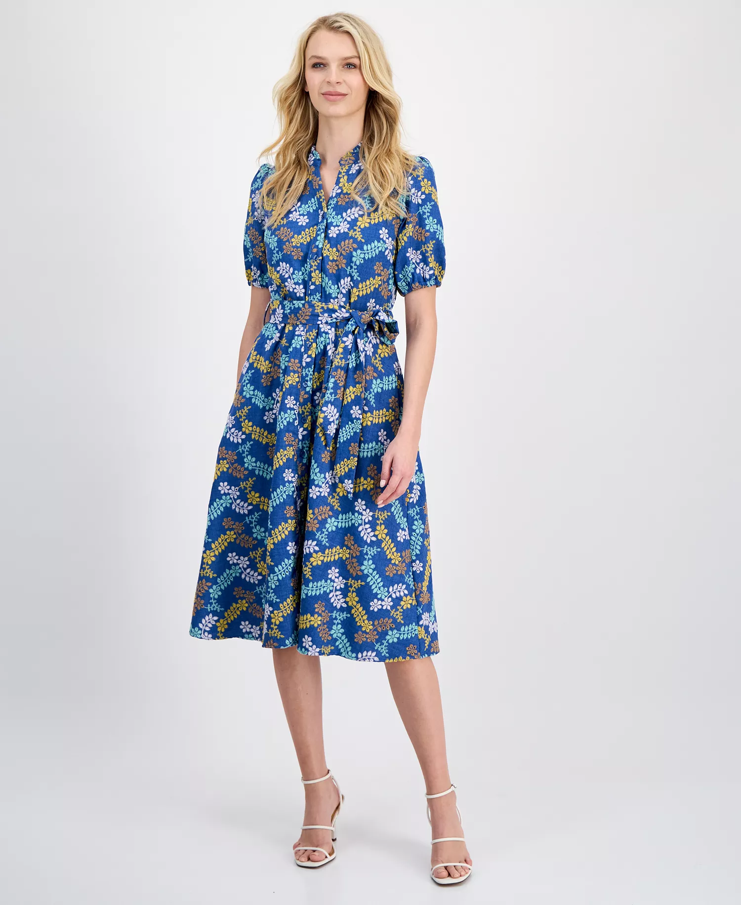 Women's Embroidered Tie-Waist Midi Dress - Denim Multi - 10