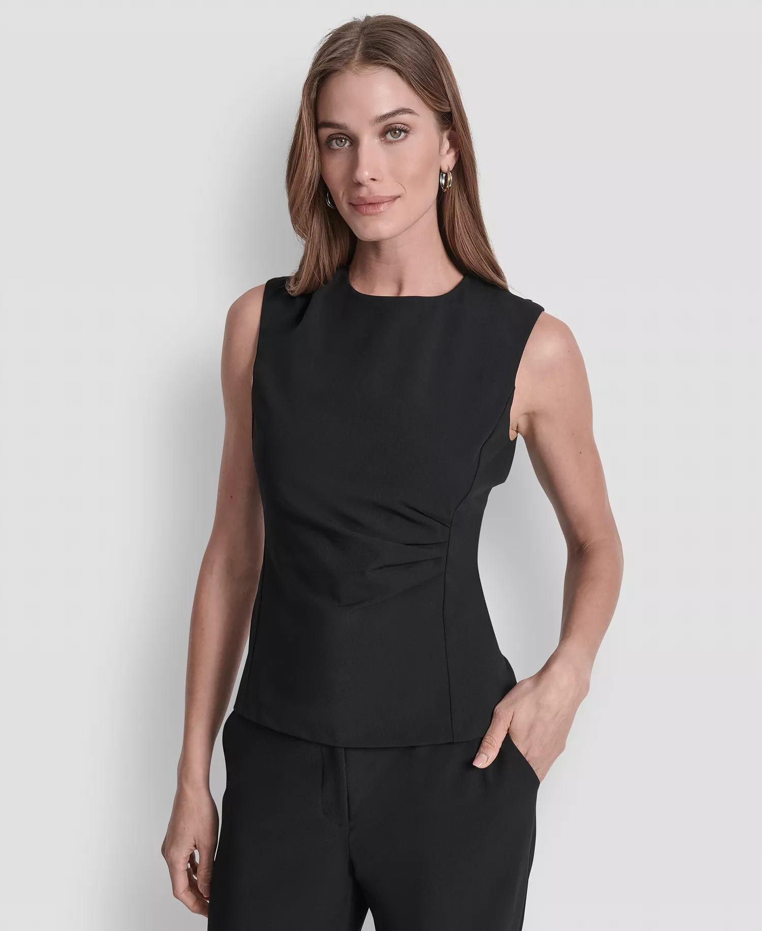 Women's Ruched Side Structured Sleeveless Top - Black - 12