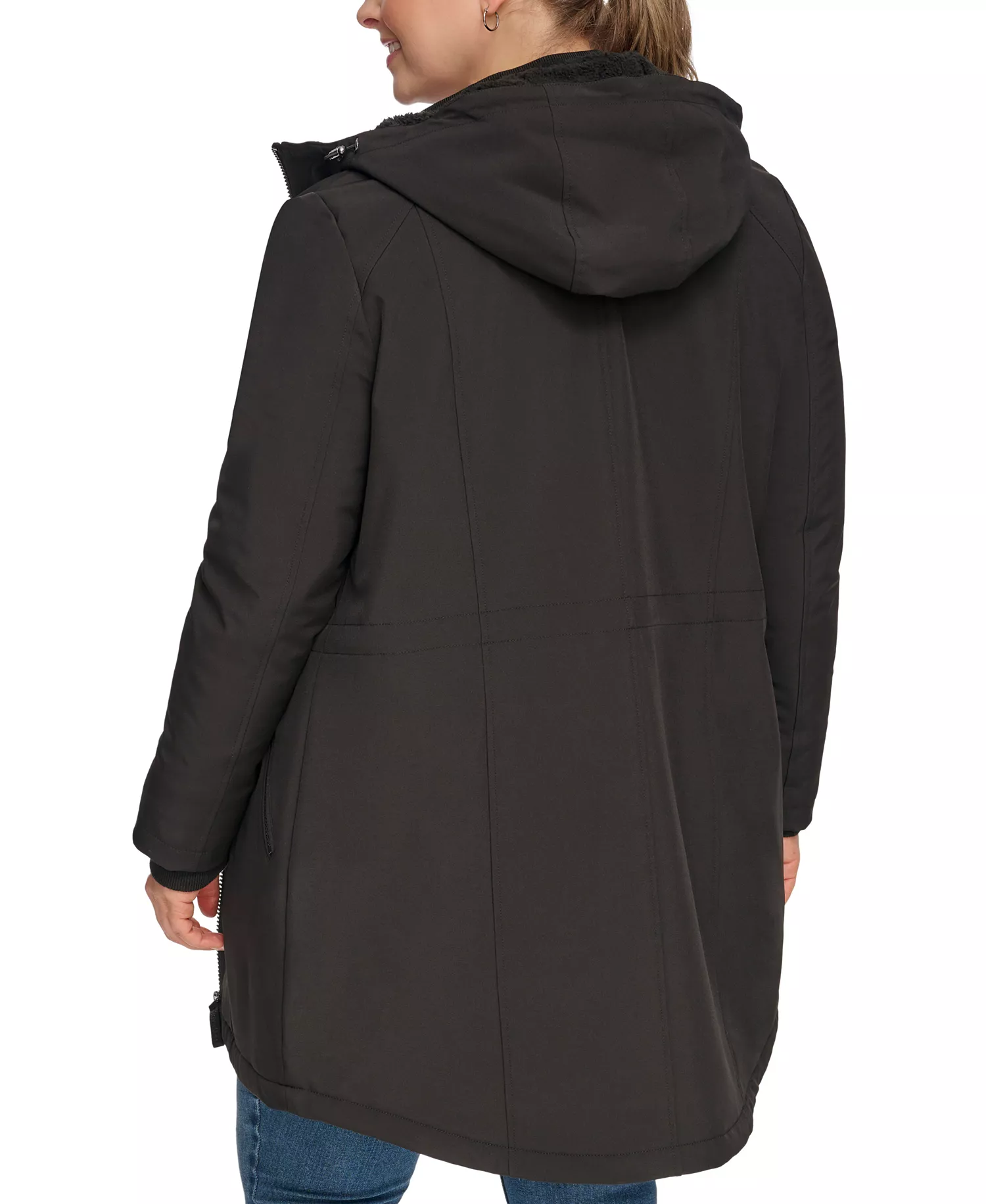 Womens Plus Size Hooded Faux-Fur-Lined Anorak Raincoat, Created for Macys - Black - 1X