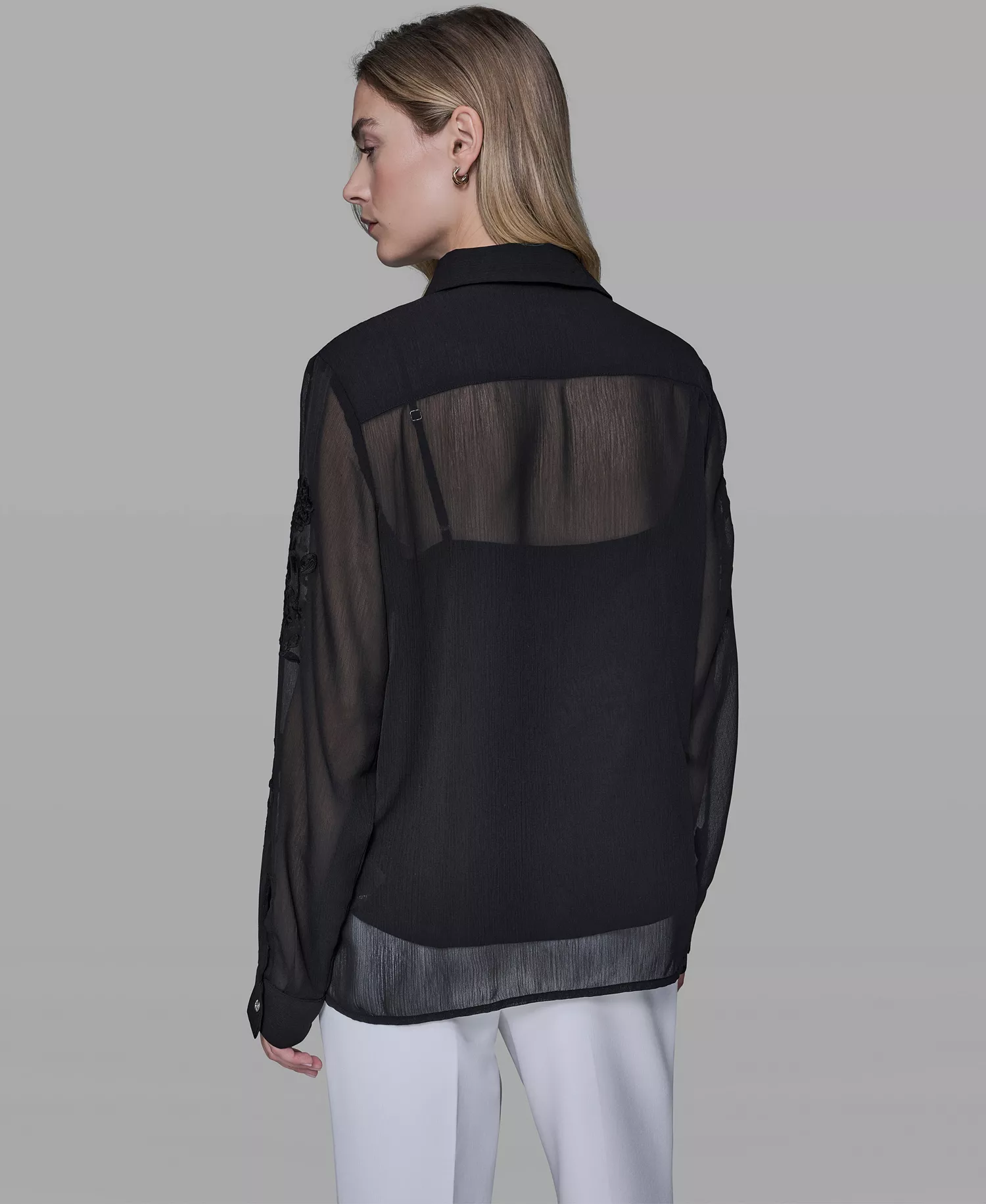 Women's Long-Sleeve Embroidered Flower Blouse - Black - L