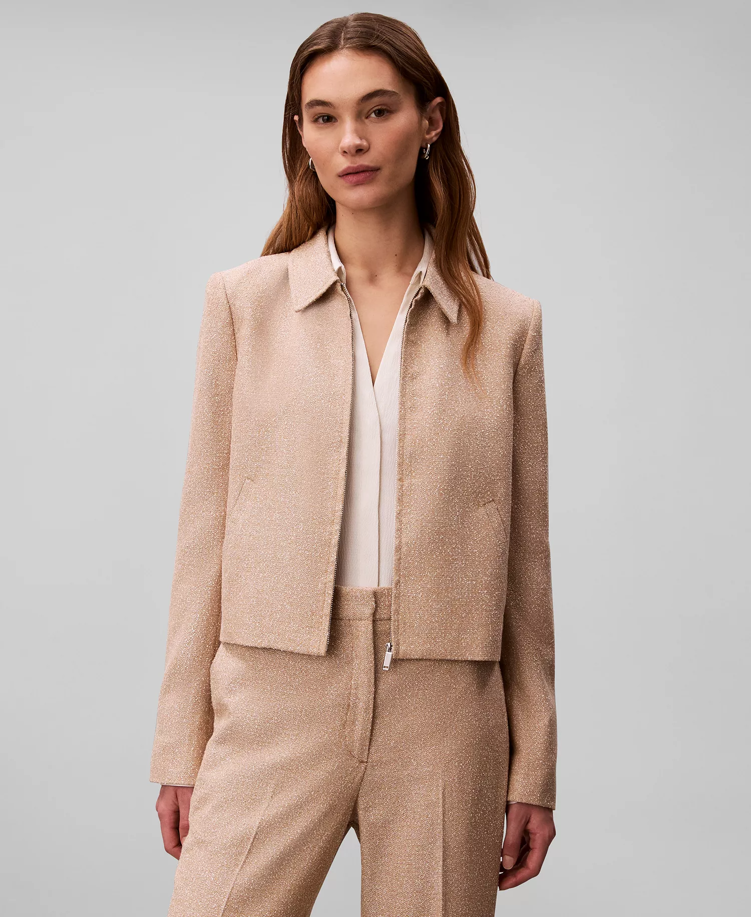 Women's Boucle Point Collar Shirt Jacket and Straight Leg Pants - Tigers Eye - 10