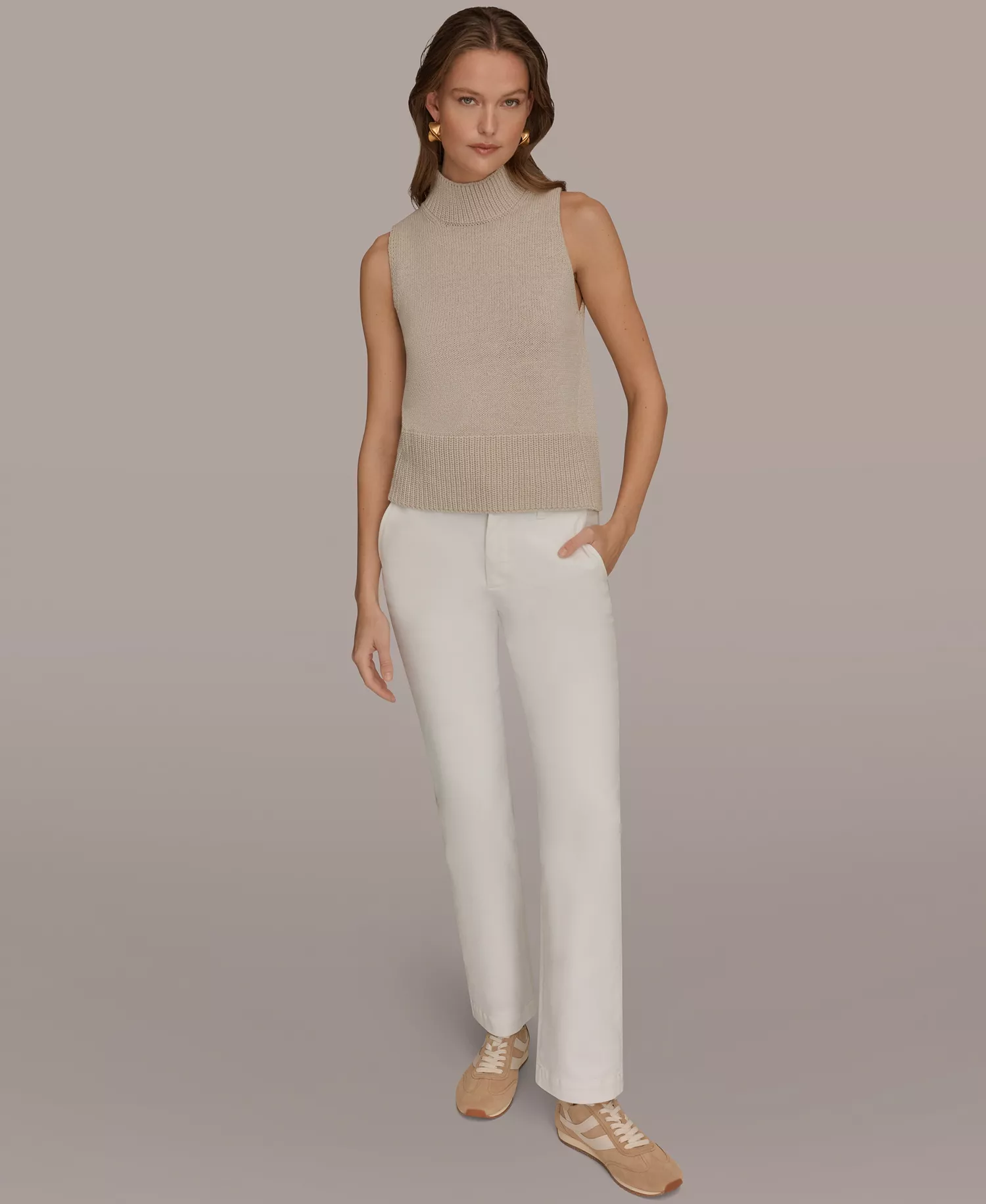 Women's Sleeveless Mock Neck A-Line Sweater - Tuscan Grey - L