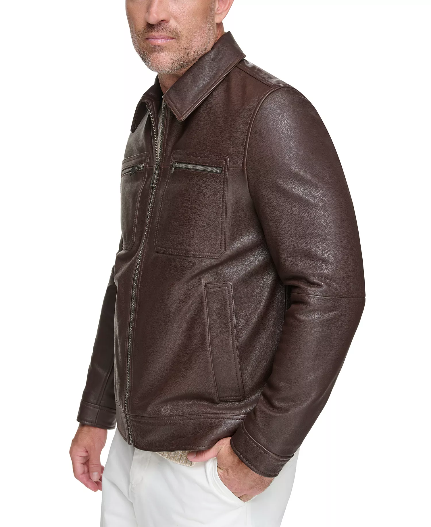 Men's Halen Pebbled Leather Trucker Jacket - Chocolate - M