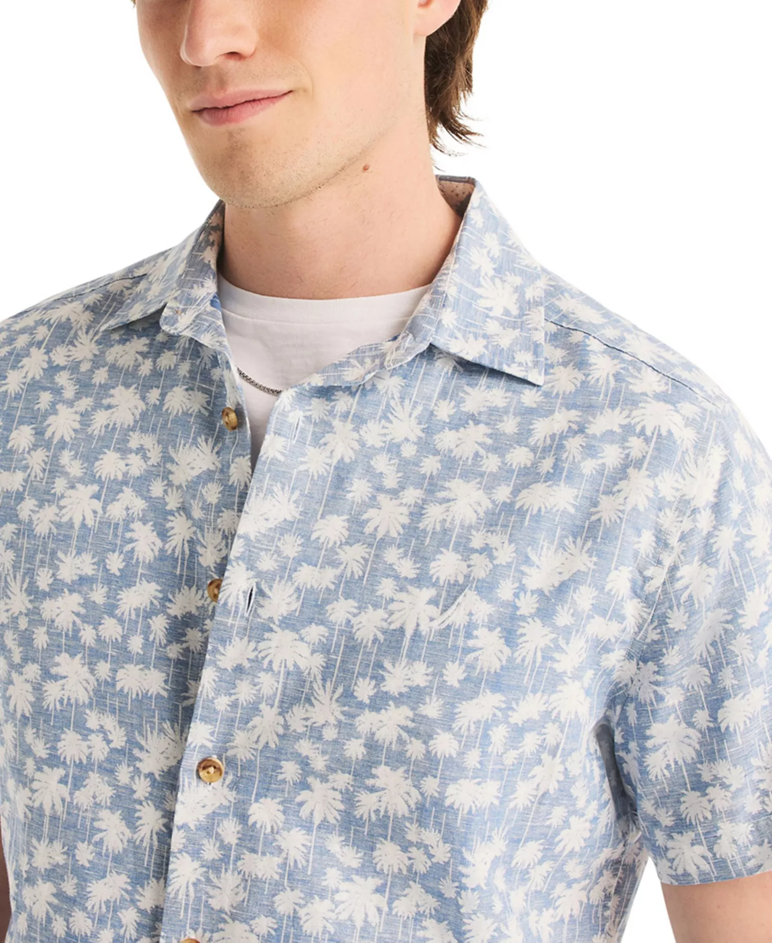 Men's Reverse Palm Tree Printed Linen Short-Sleeve Shirt - Coronet Blue - L