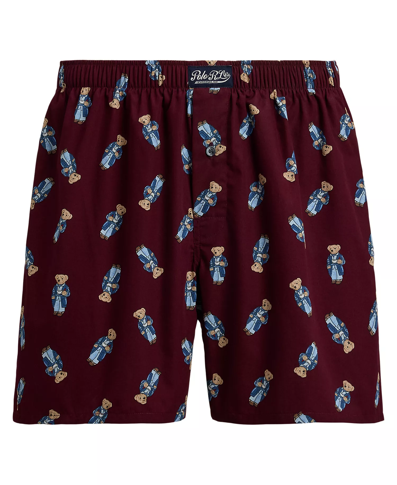 Men's Holiday Bear Printed Woven Single-Button Fly Boxers - Classic Wine/F25 Morning Robe Bear Aop - M