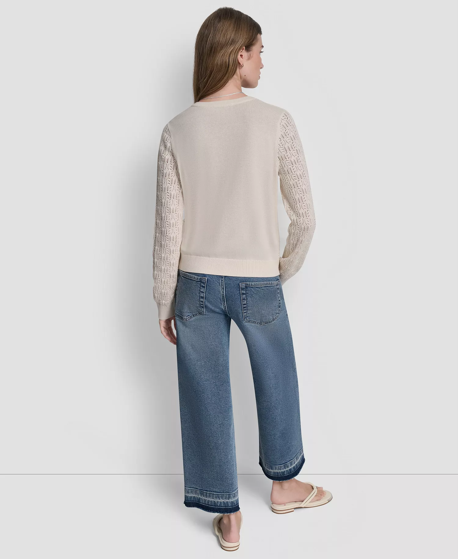 Women's Crew Neck Long-Sleeve Cardigan Sweater - Eggnog - L