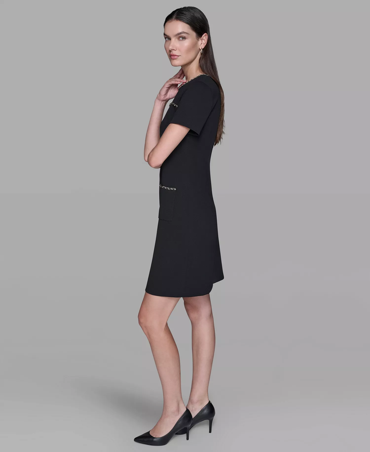 Women's Crew Neck Chain Detail Shift Dress - Black - 10