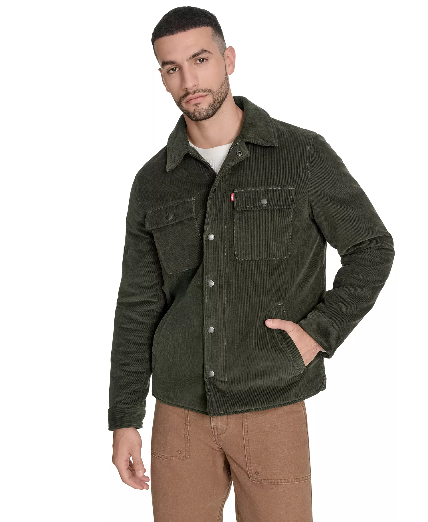 Men's Corduroy Plaid Lining Shirt Jacket - Green - 2XL