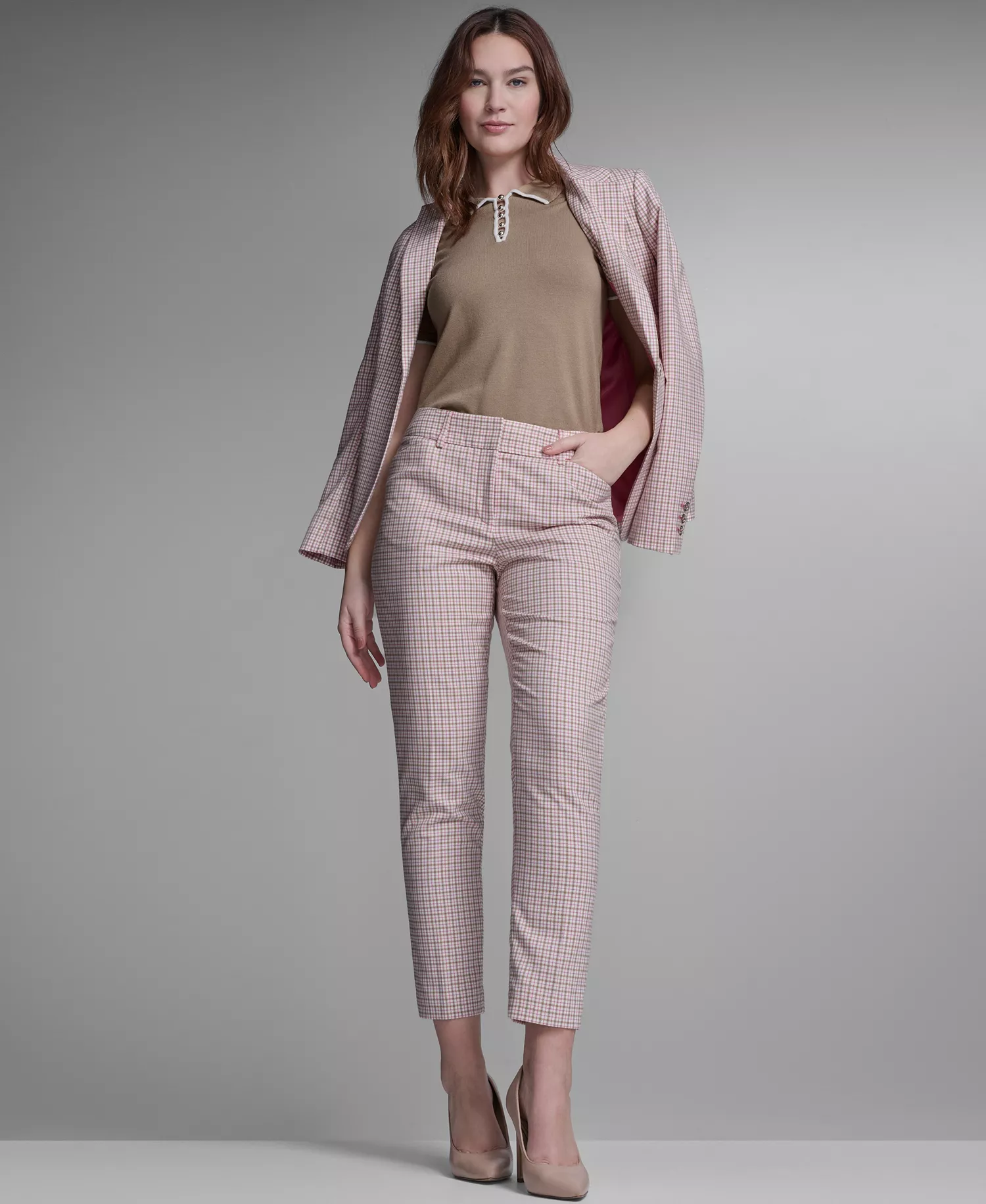 Women's Plaid Notch Collar Slim Fit Blazer - Tannin Multi - 0