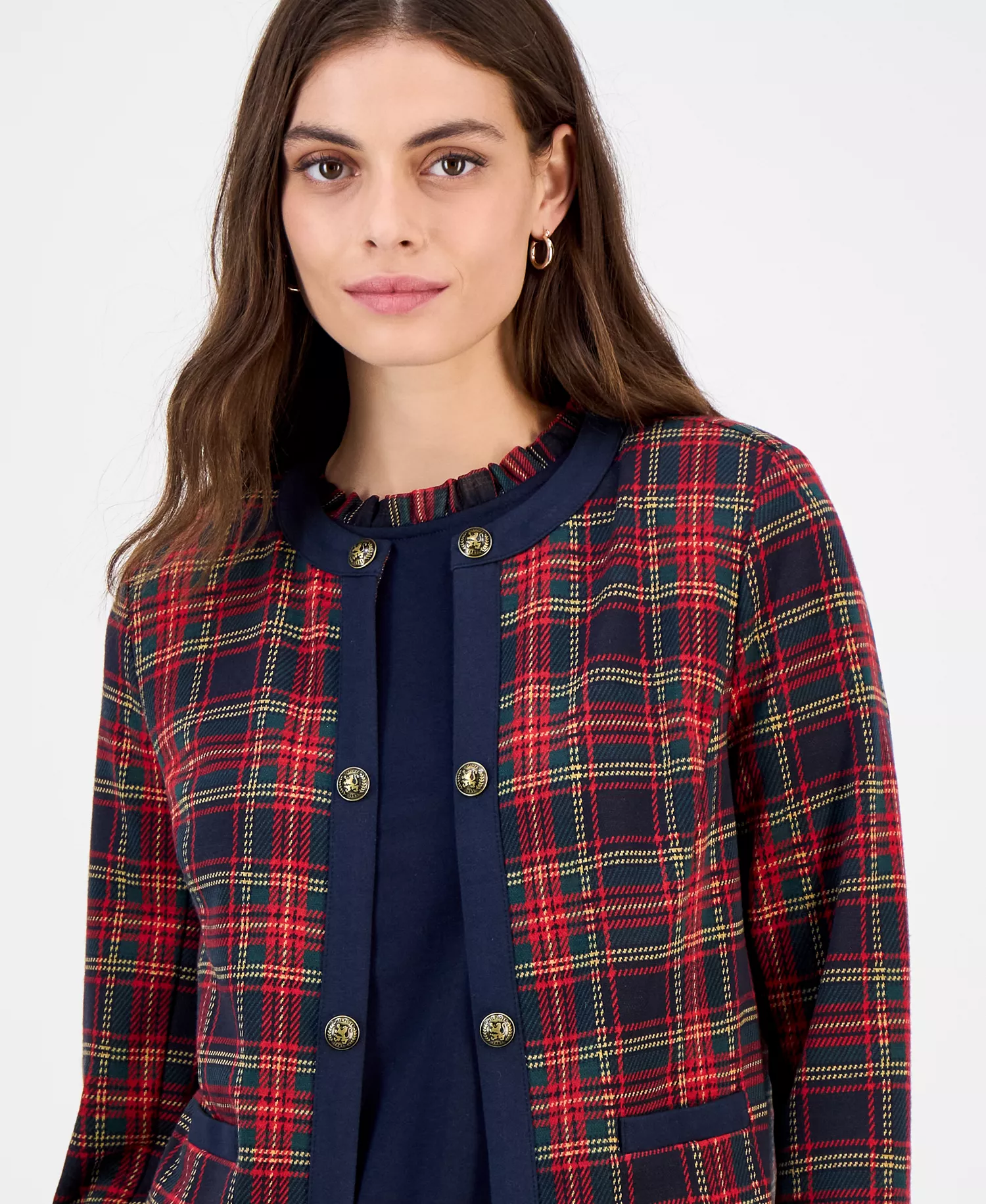 Women's Plaid Open-Front Jacket - Sky Captain Multi - XS