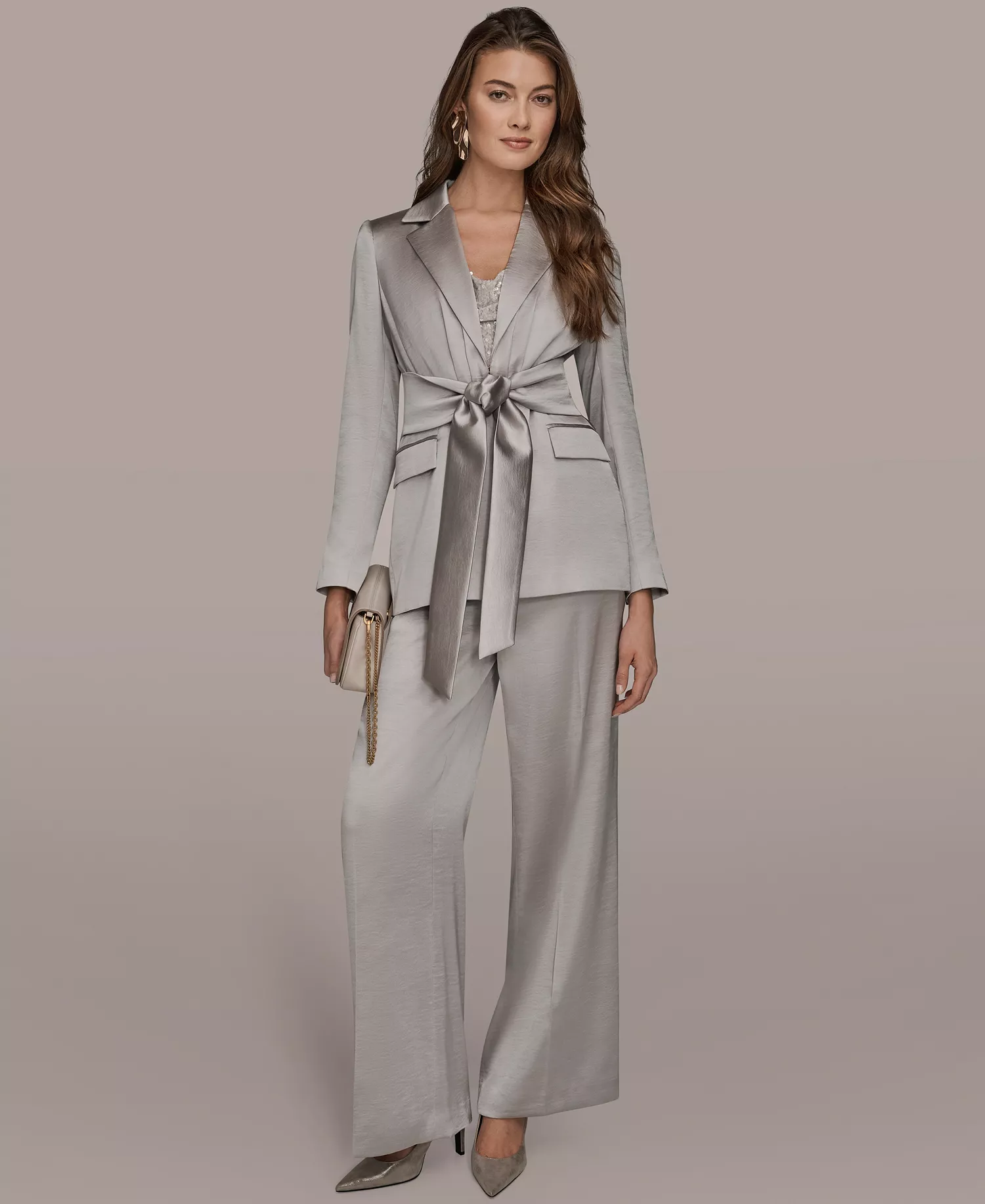 Women's Notch Lapel Collar Blazer, Sequin Detail Cowl Neck Camisole and Wide-Leg Mid-Rise Pants - Vapor - 0