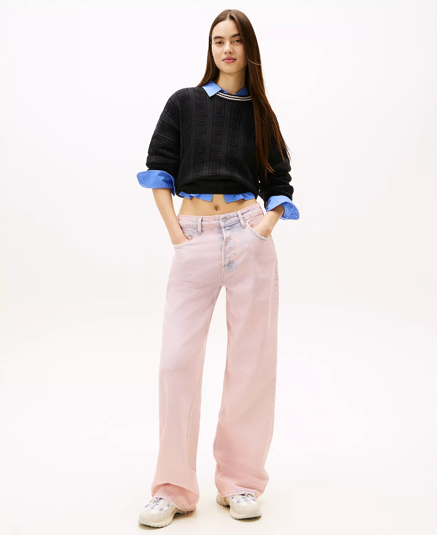 Women's Boxy Flag Cable Long-Sleeve Sweater - Black - L