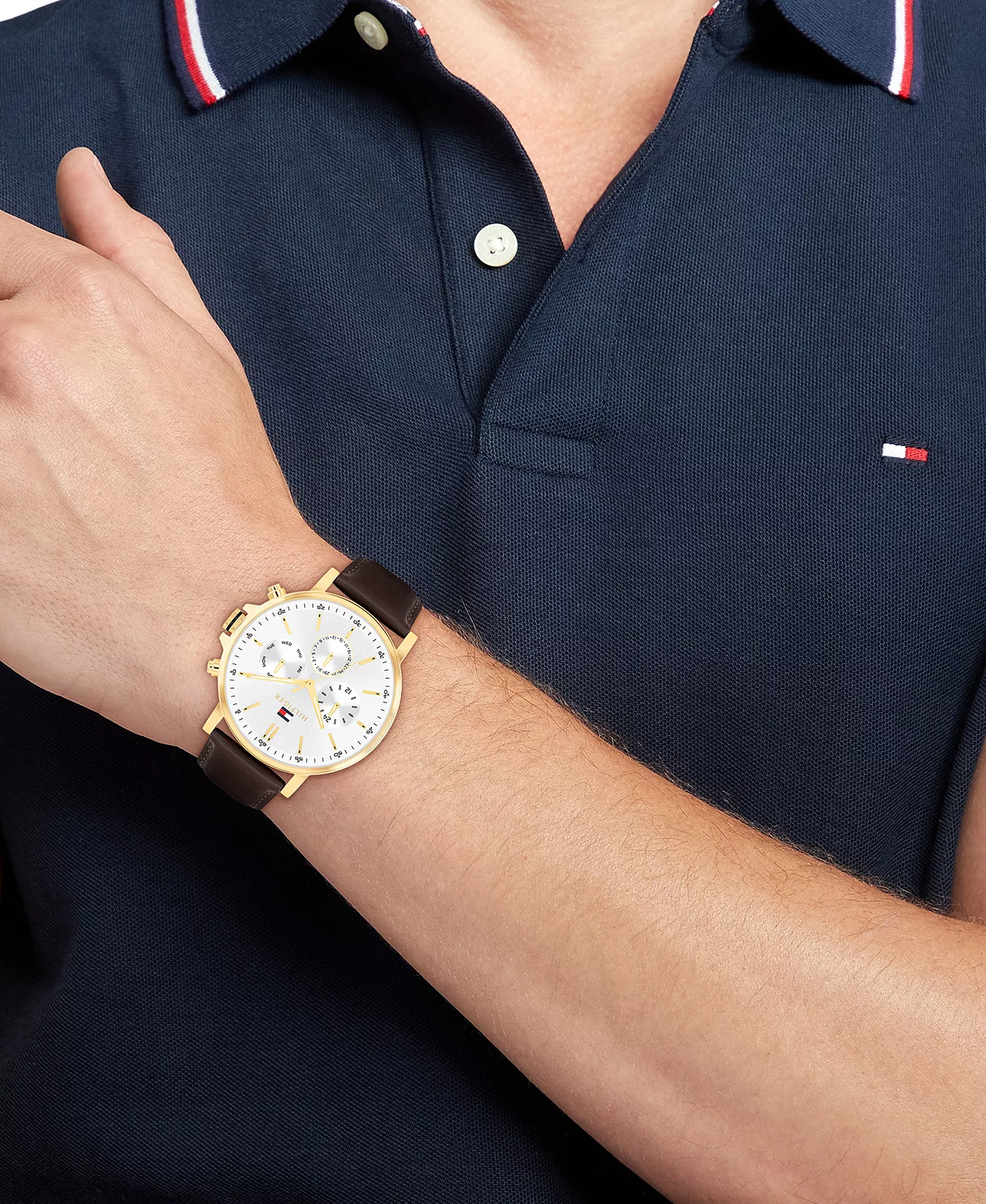 Men's Multifunction Brown Leather Strap Watch, 43mm - White - 43