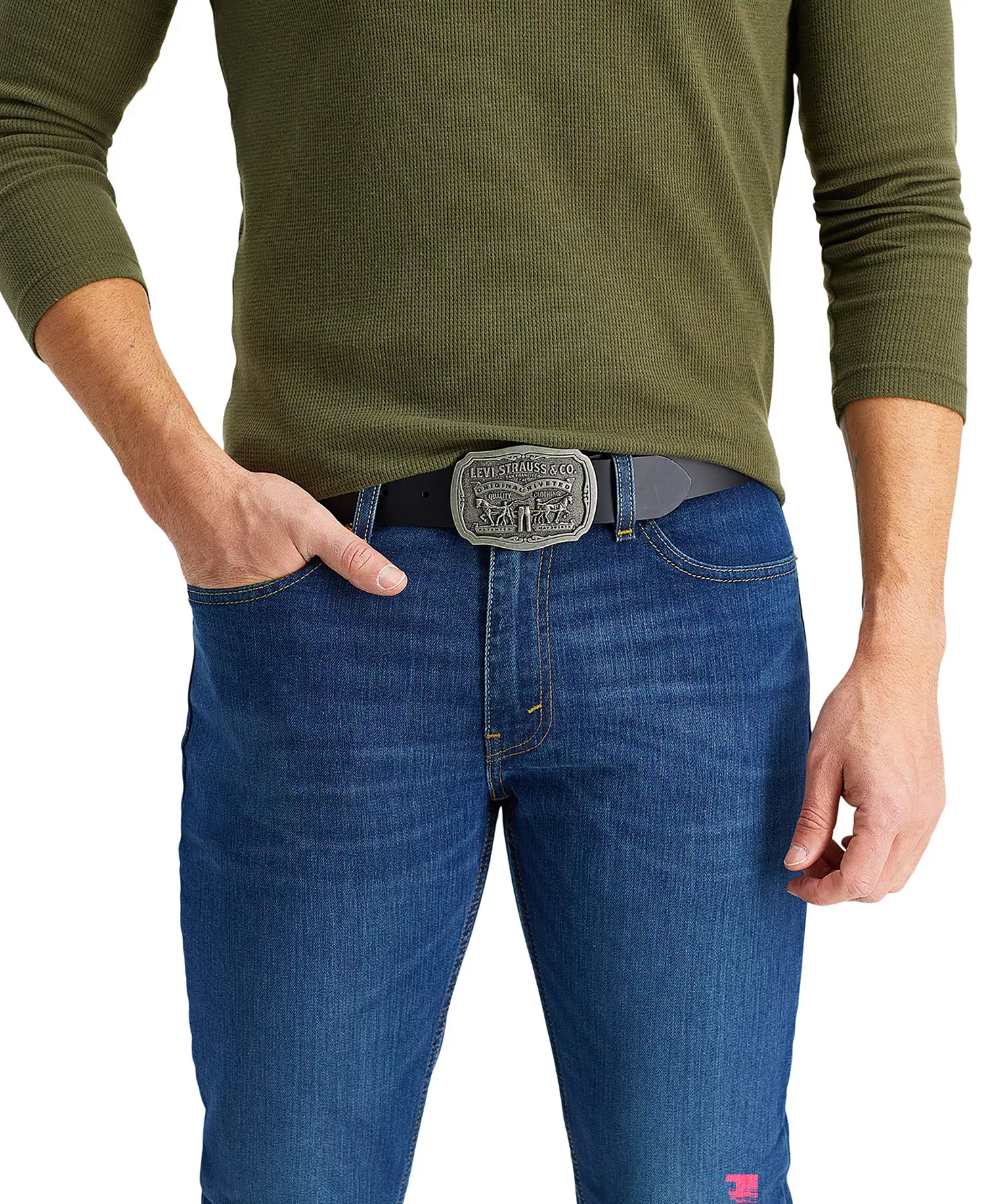 Men's Leather Belt with Plaque Buckle - Black - 30