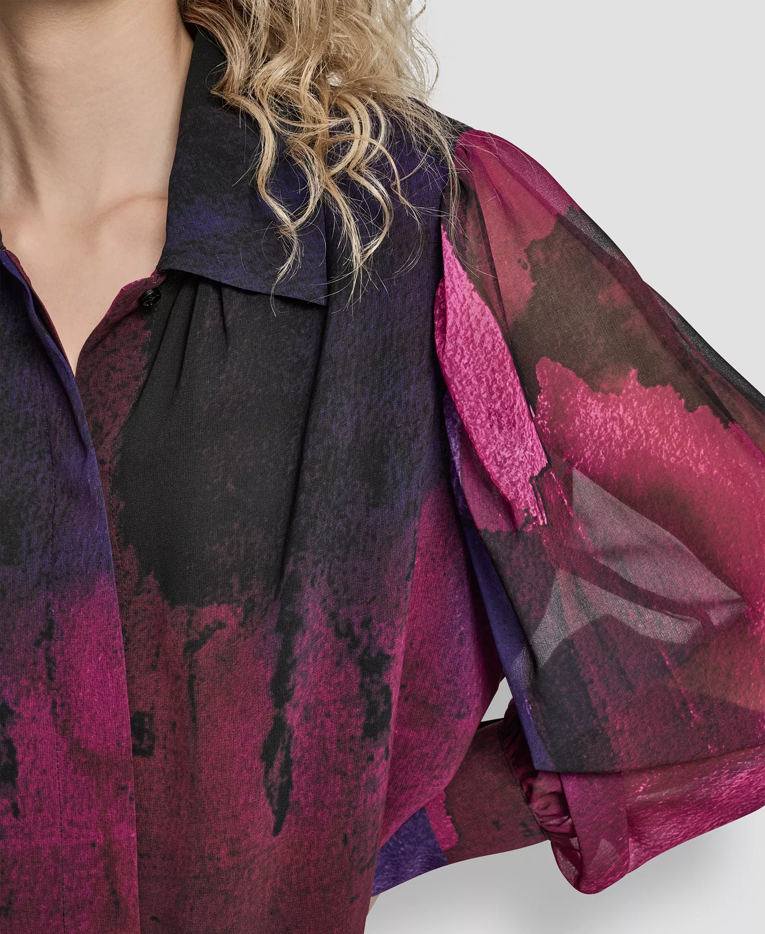 Women's Balloon Sleeve Collared Neck Top - Fuchsia/dk Violet Mlt - S