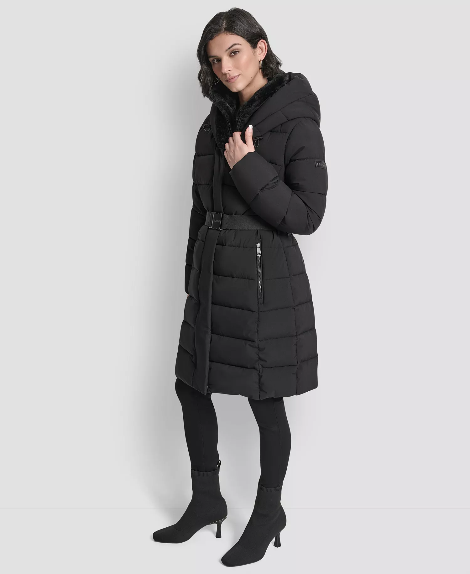 Women's Belted Asymmetrical Zip Front Puffer Coat - Black - M