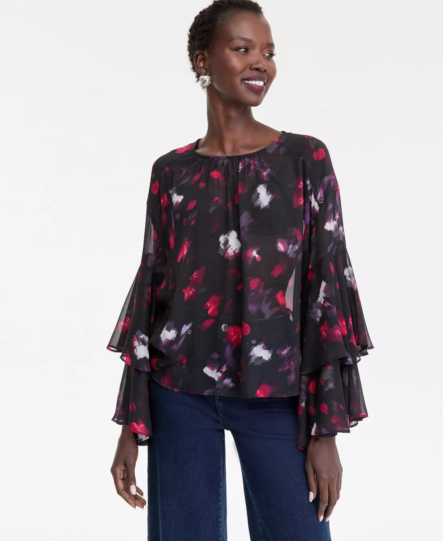 Women's Printed Ruffled Top, Macy's Exclusive - Ava Blooms - L