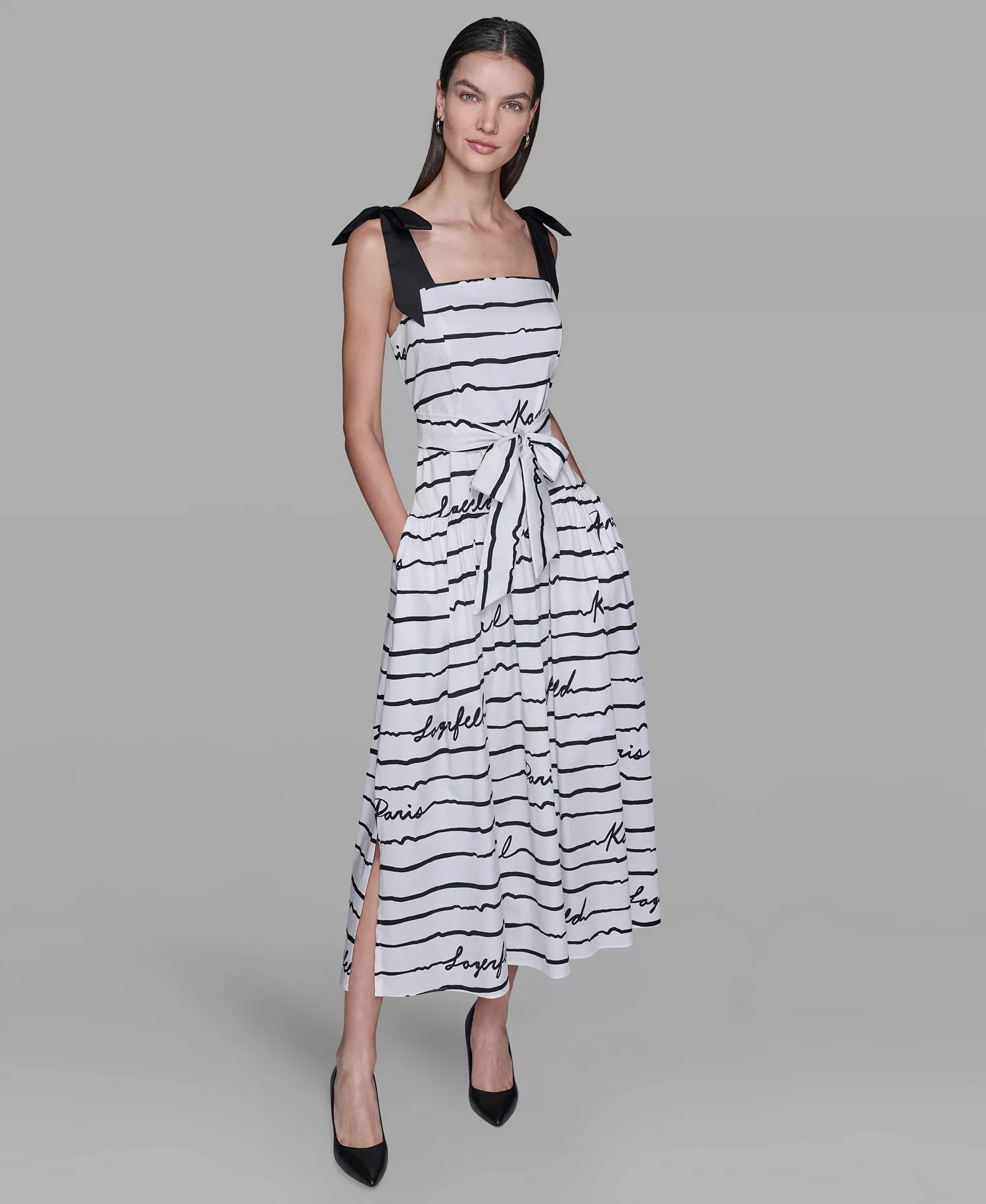 Women's Printed Cotton Sateen Midi Dress - SOft White/ Black Combo - 10