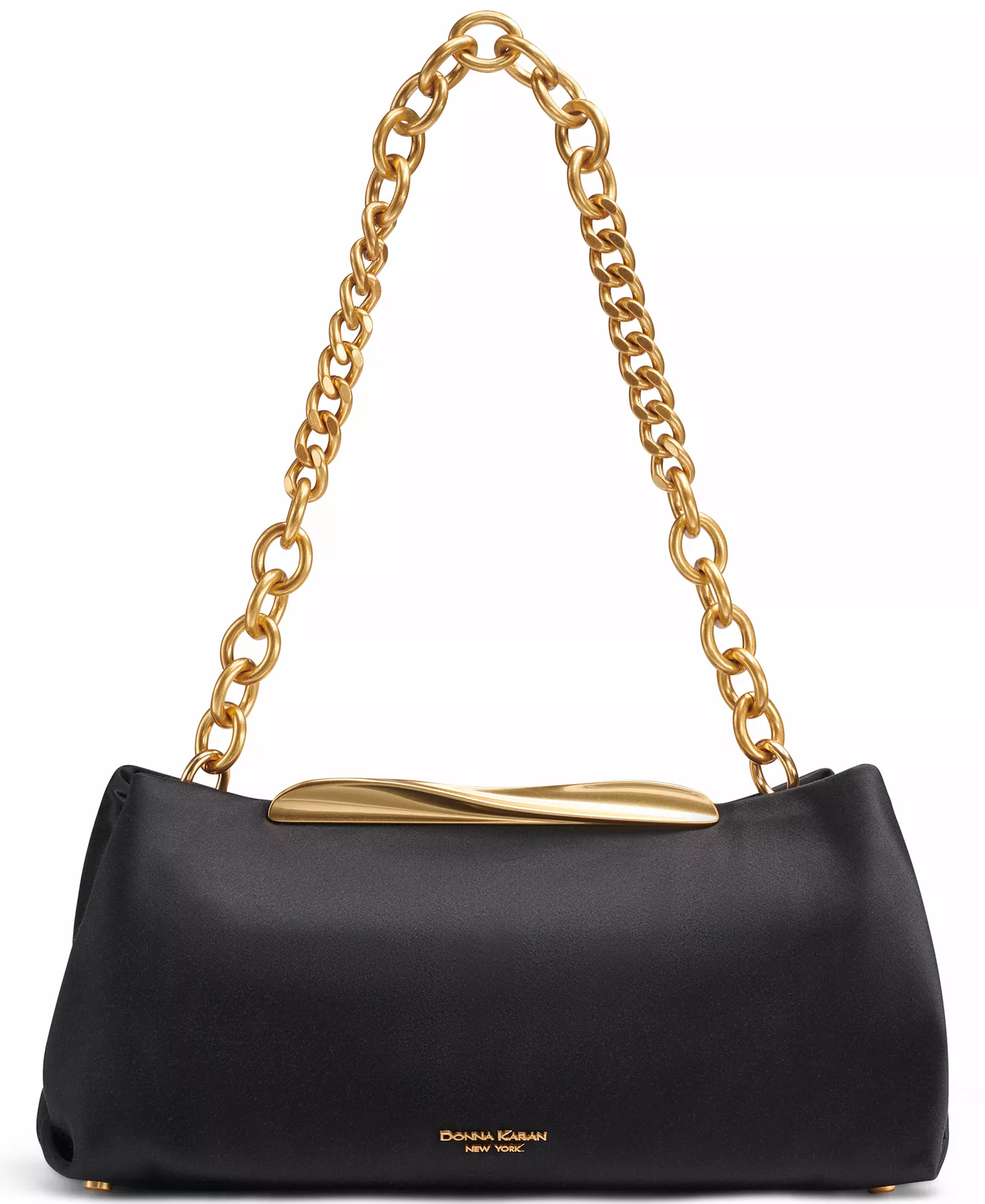 Poplin Satin Medium Clutch Shoulder Bag - Black/Gold - ONE SIZE