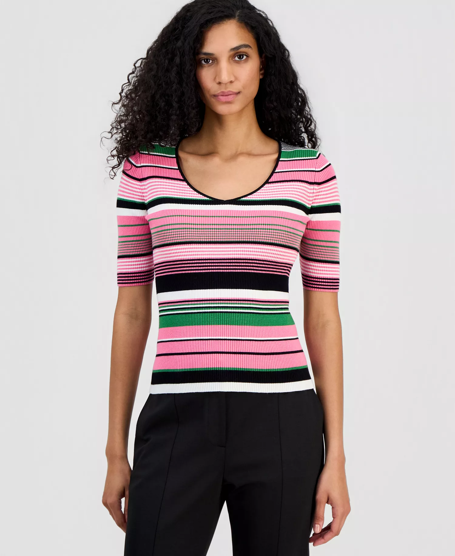 Women's V-Neck Elbow-Sleeve Top - Parisian Pink Stripe - L