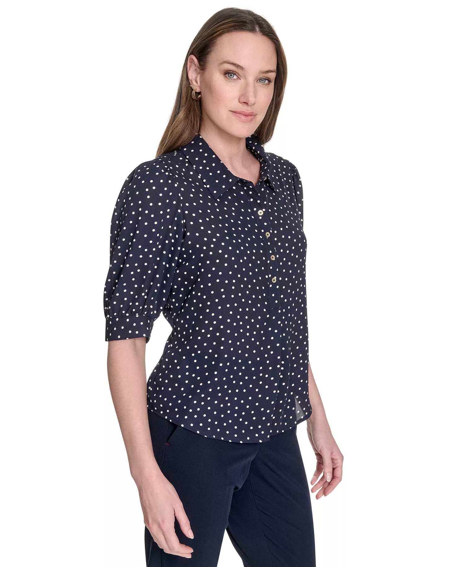 Women's Printed Point Collar Puff-Sleeve Blouse - Midnight/ Powder - M