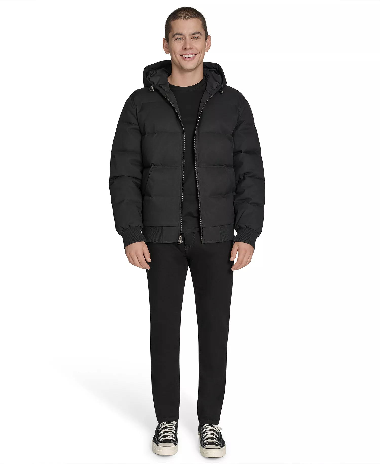 Men's Quilted Bomber with Hood Jacket - Black - 2XL