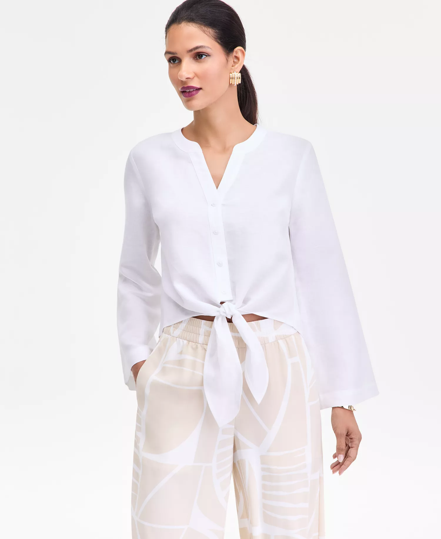 Women's Linen Tie-Front Button-Down Shirt, Macy's Exclusive - Bright White - L