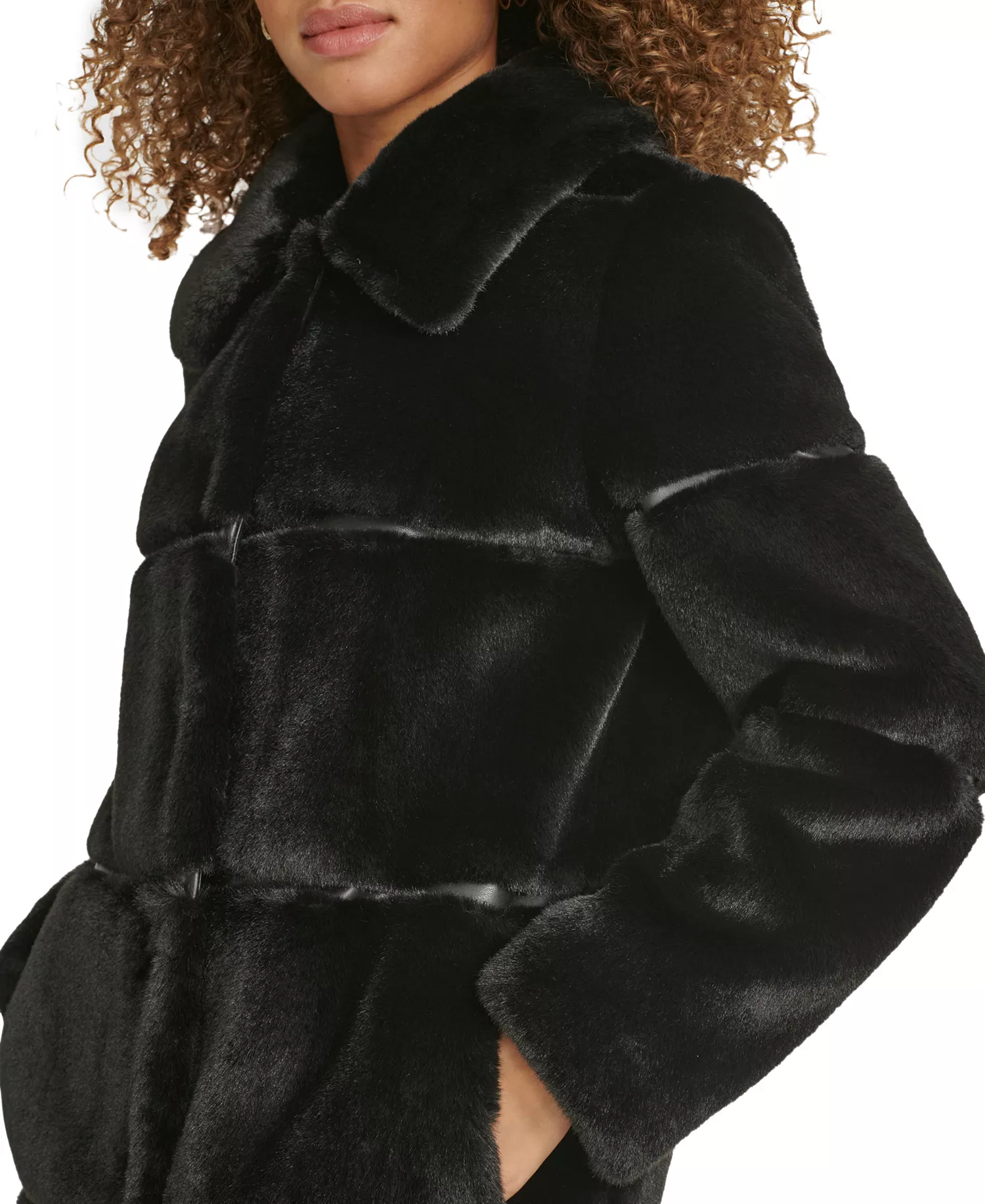 Women's Faux-Leather Trim Faux-Fur Coat - Black - L