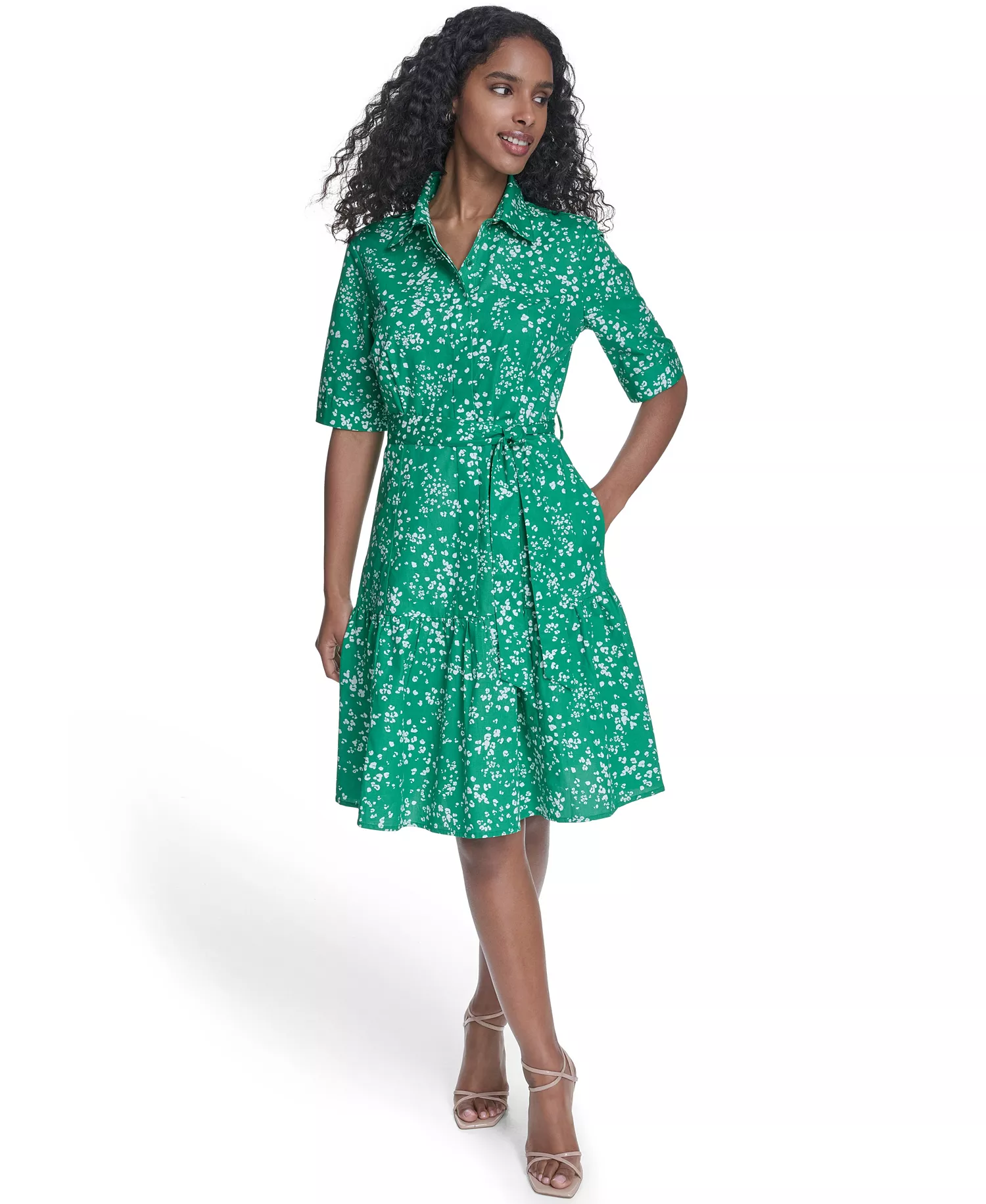 Women's Short-Sleeve Tiered Shirt Dress - Fern Cream - 10