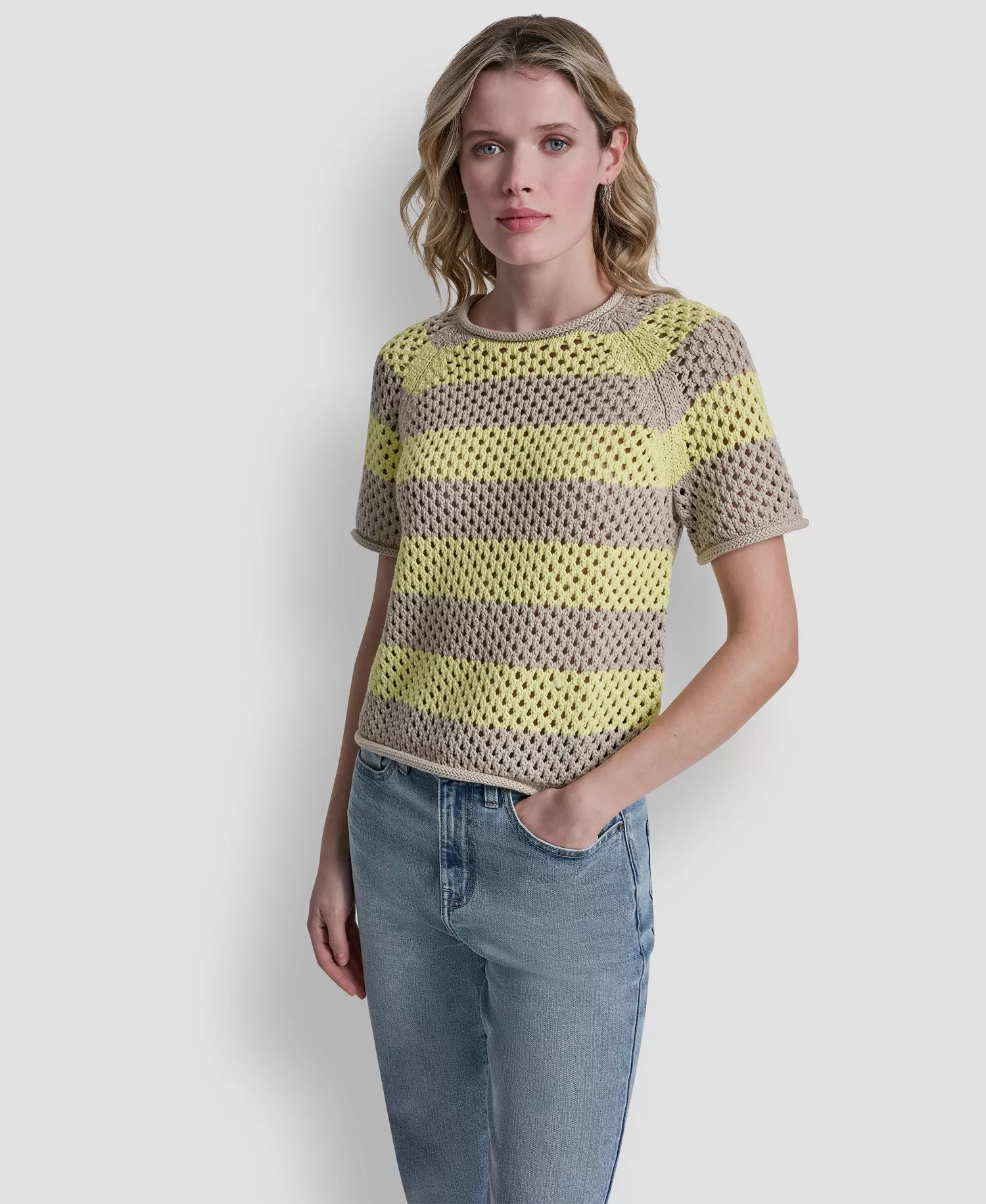 Women's Short-Sleeve Raglan Stripe Pointelle Pull-On Sweater - Pebble/lemon Light - L
