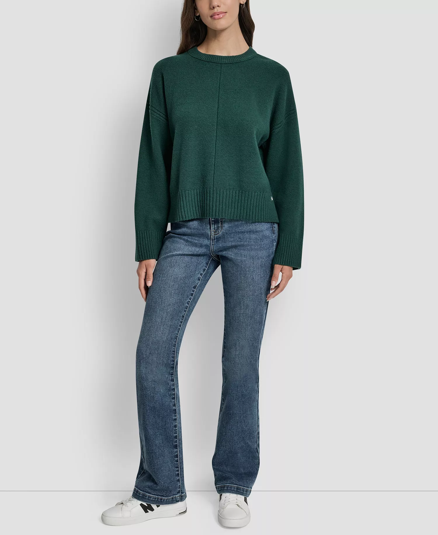 Women's Long Sleeve Bell Sleeve Relaxed Crew Neck Sweater - Cool Pine - L