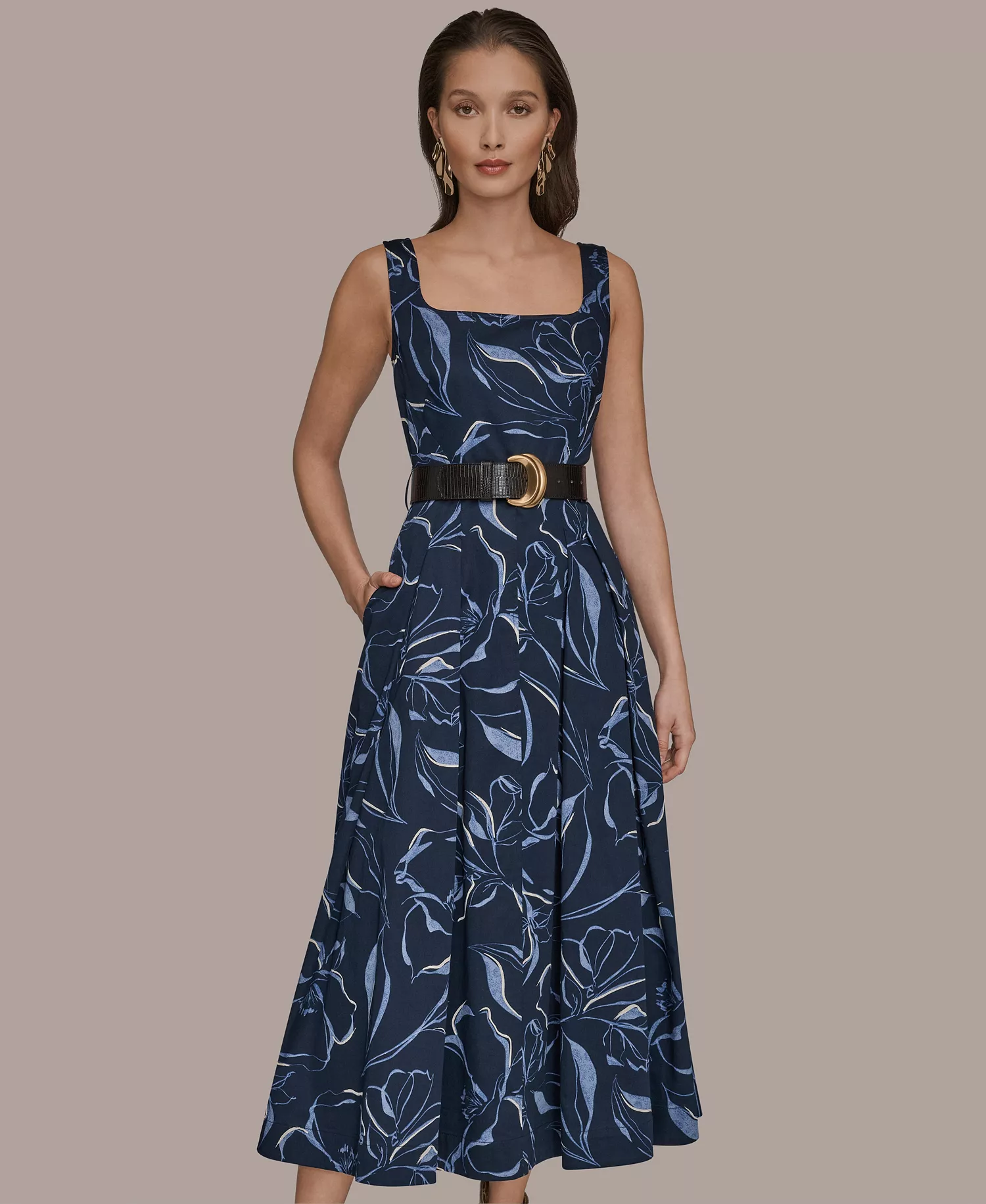 Women's Square Neck Belted A-Line Dress - Nightfall - 10