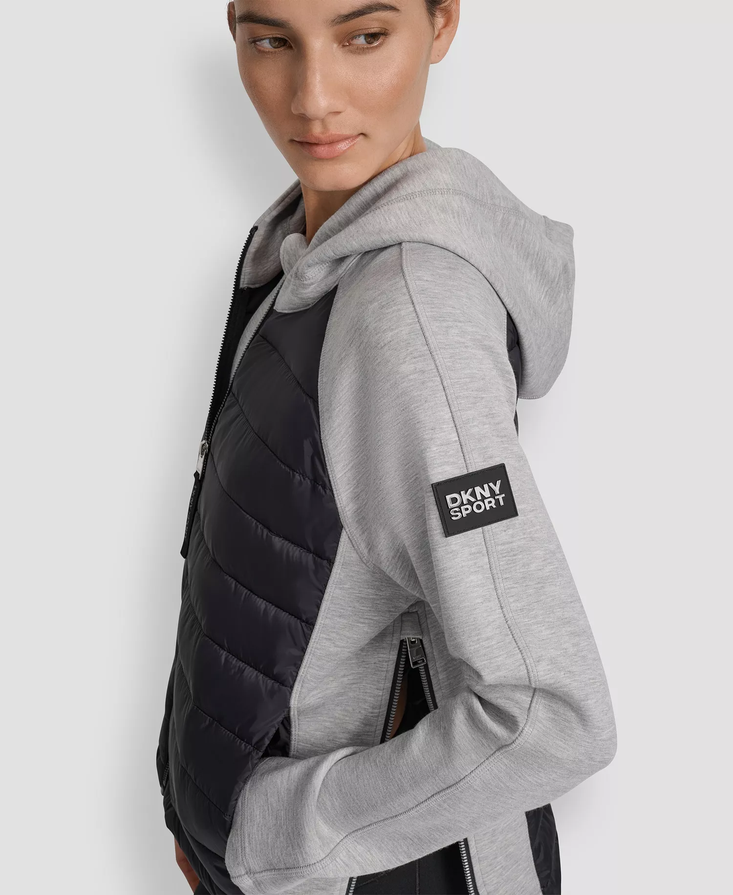Women's High Low Hem Scuba Mixed Quilted Puffer Jacket - Matte Black/ Pearl Grey Heather - L