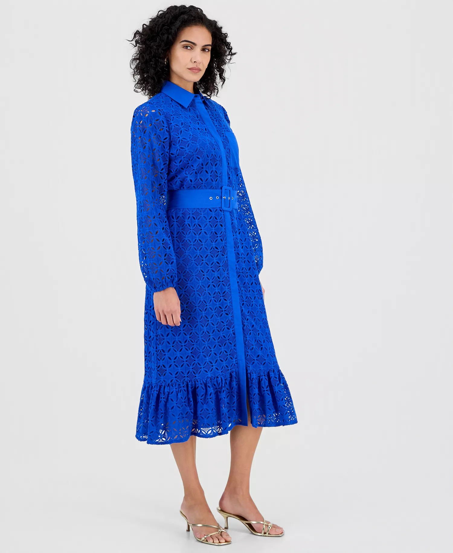 Women's Cotton Belted Lace Midi Dress - Blue Combo - 10