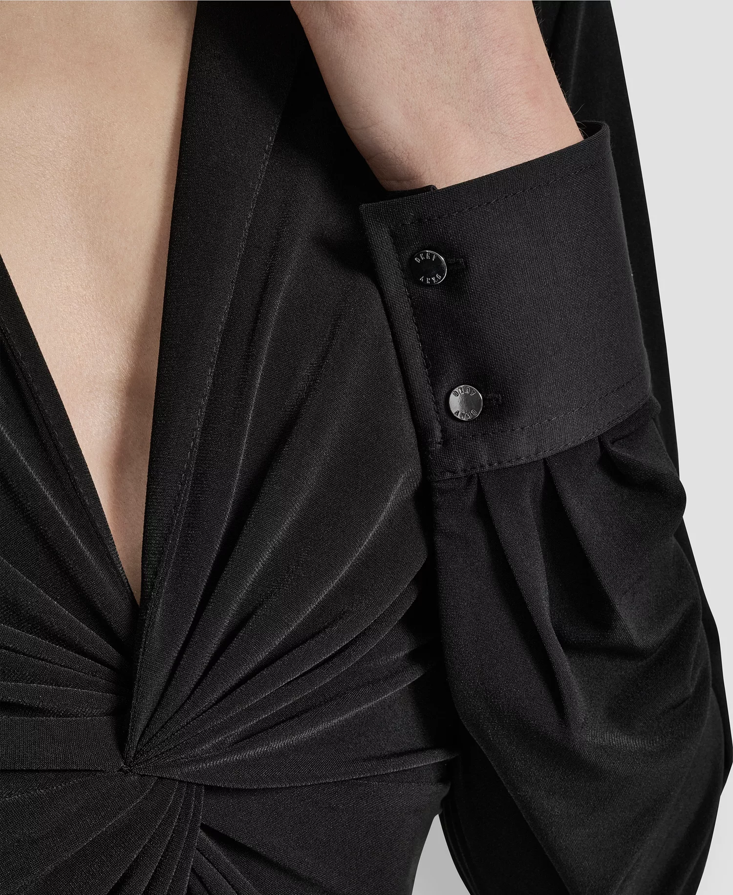 Petite Knot-Front Collared Long-Sleeve Top - Black - P/M