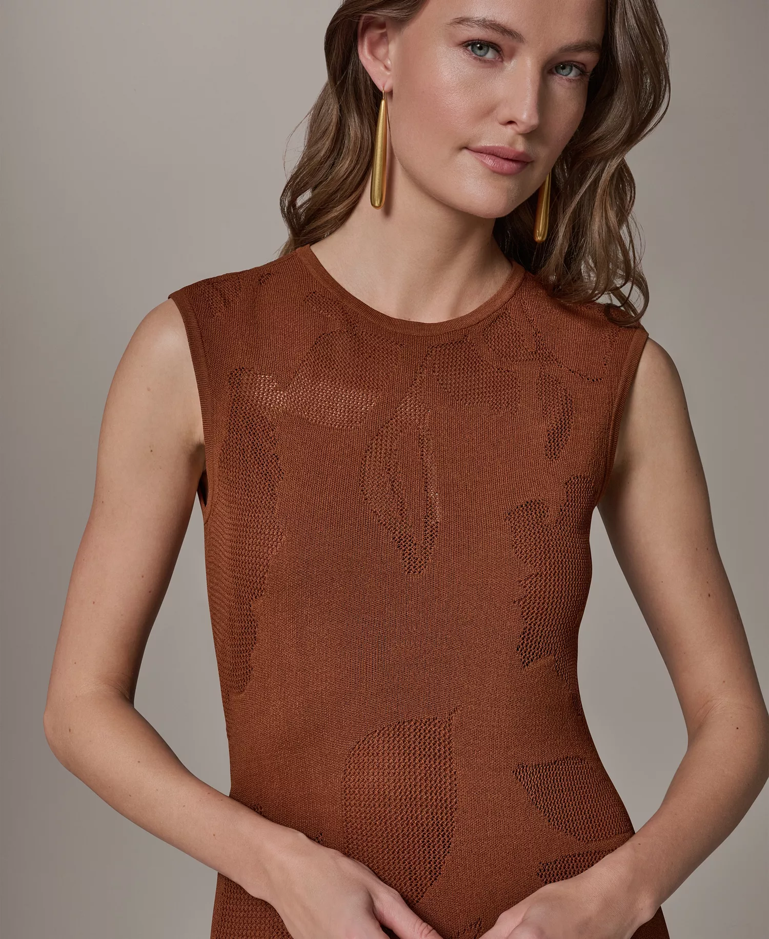 Women's Crew Neck Midi Dress - Cognac - L