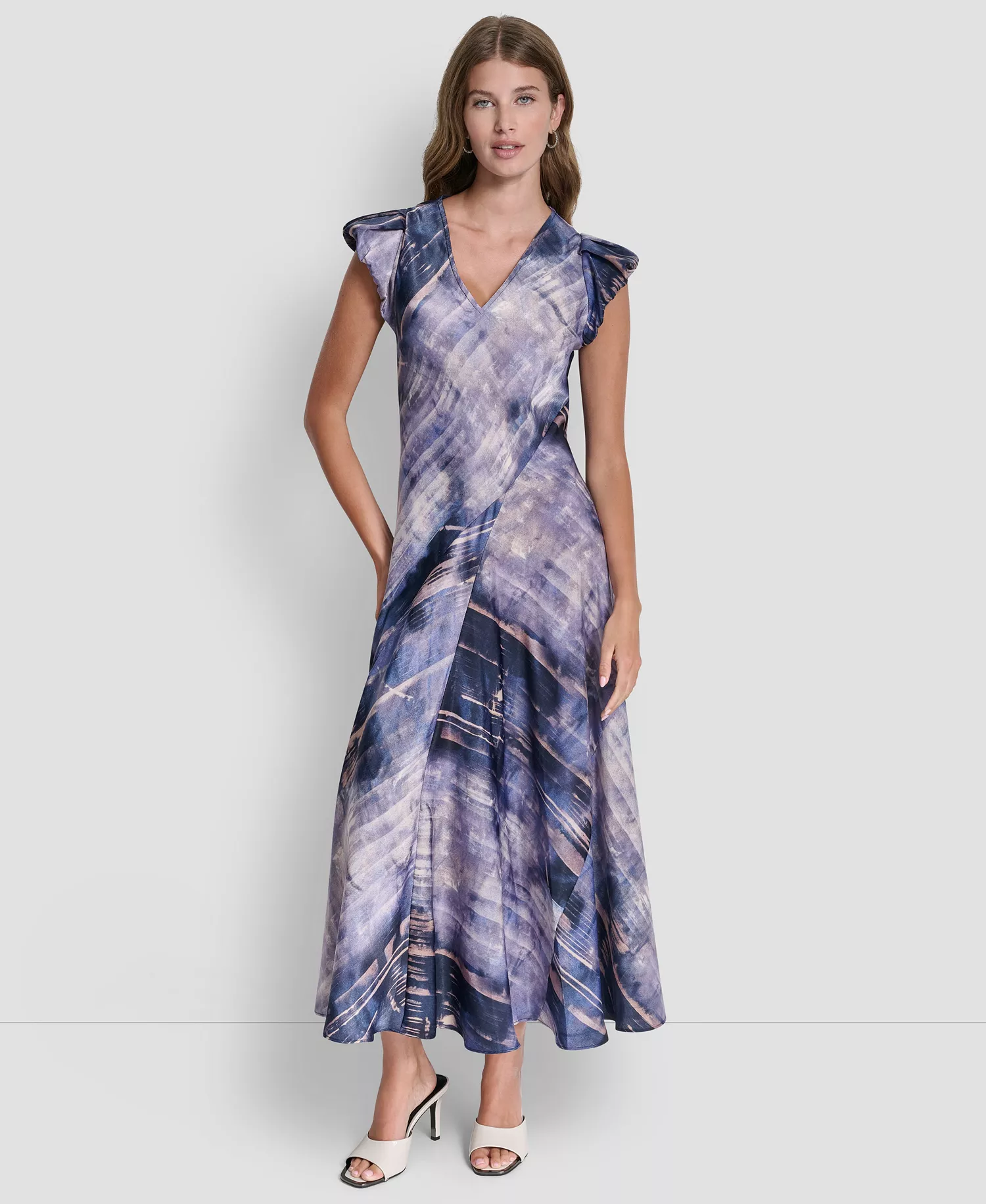 Women's Puff-Sleeve Printed Satin Bias Cut Dress - Hudson Lights - L