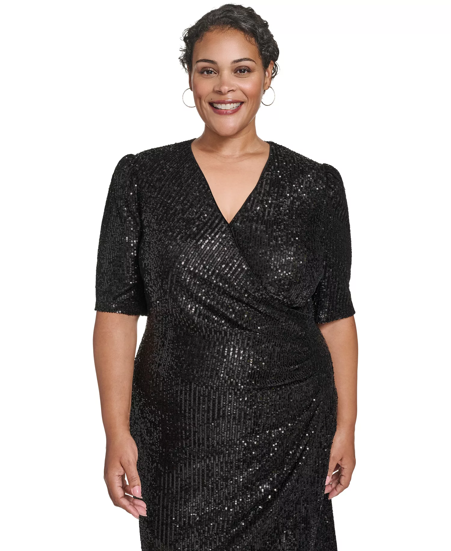 Plus Size Short-Sleeve Sequin Dress - Black - 20W