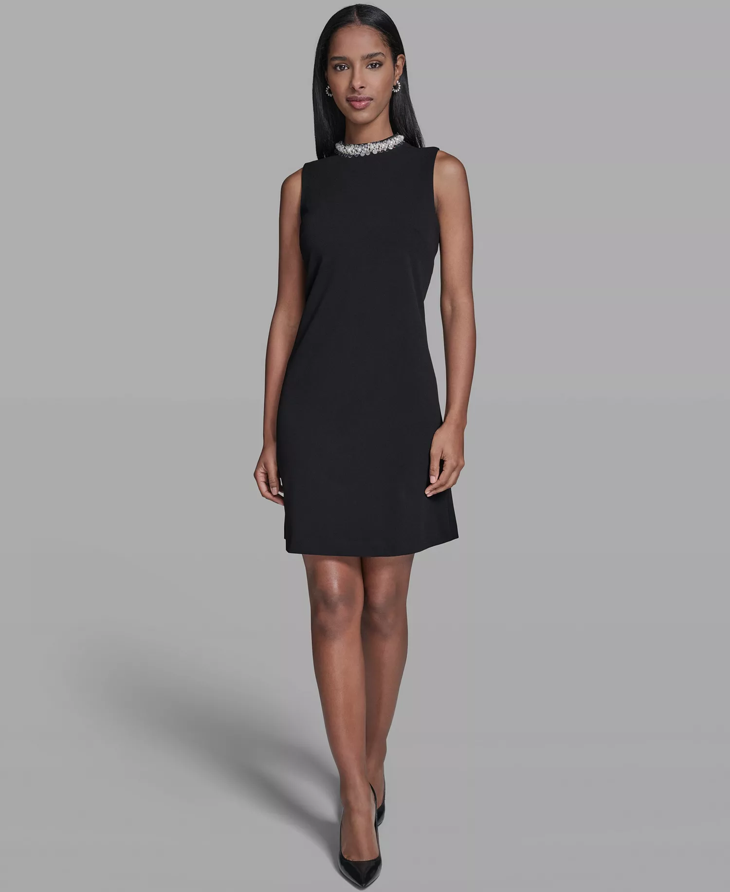 Women's A-Line Embellished Mock Neck Dress - Black - 0